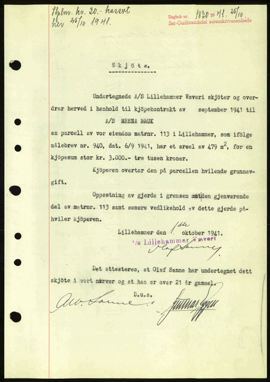 Sør-Gudbrandsdal tingrett, SAH/TING-004/H/Hb/Hbd/L0009: Pantebok nr. A9, 1941-1941, Dagboknr: 1830/1941