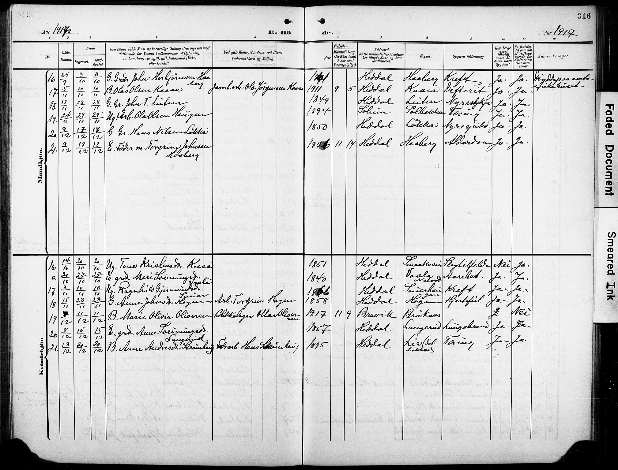 Heddal kirkebøker, AV/SAKO-A-268/G/Ga/L0003: Klokkerbok nr. I 3, 1908-1932, s. 316