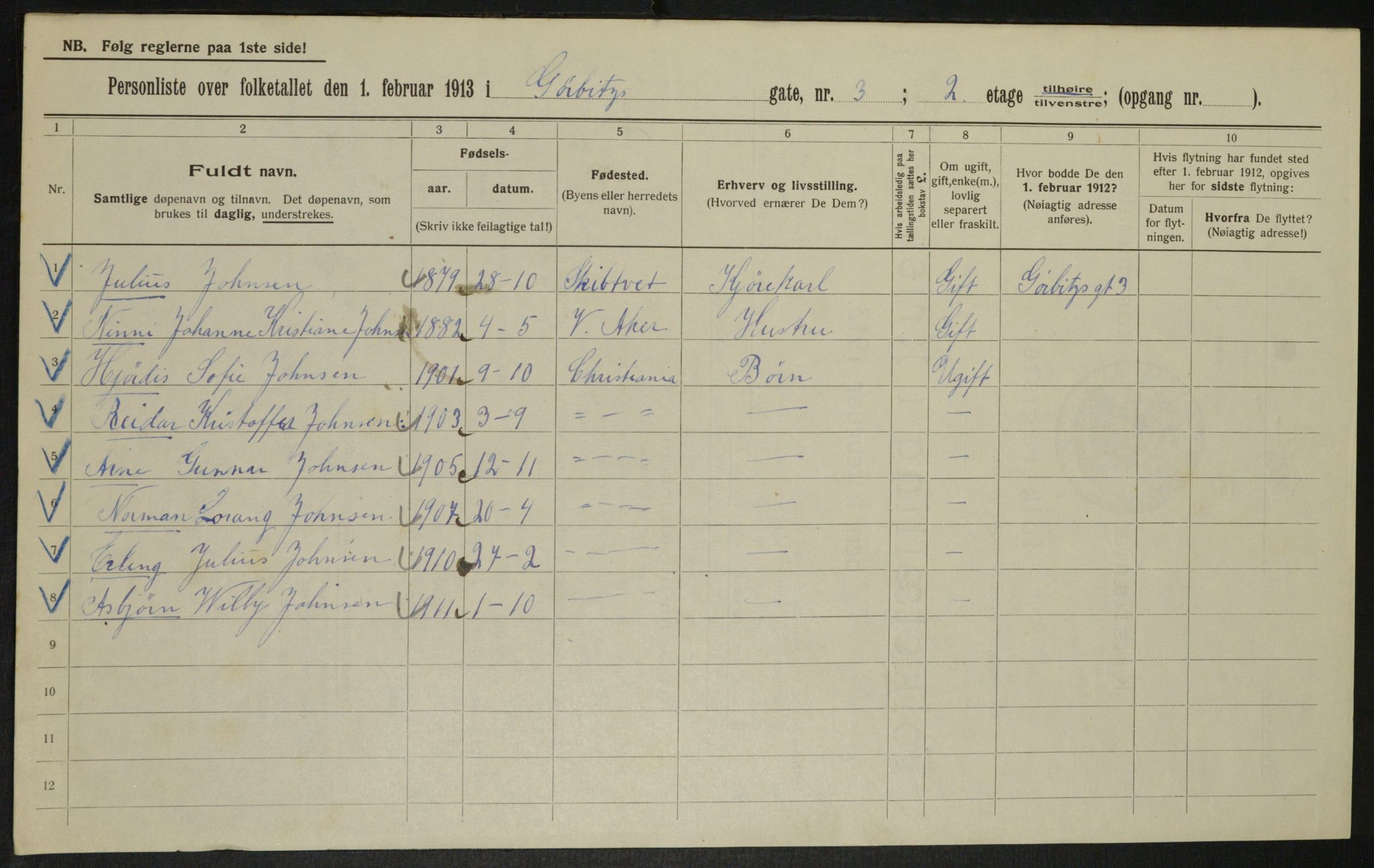 OBA, Kommunal folketelling 1.2.1913 for Kristiania, 1913, s. 32761