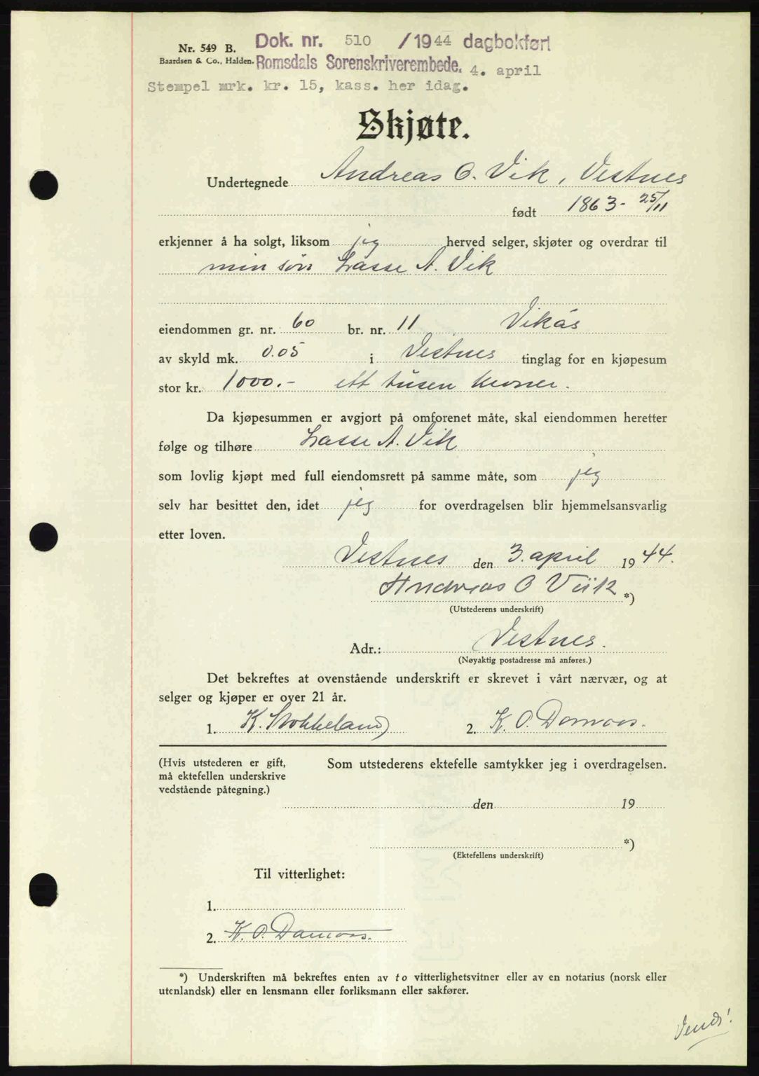 Romsdal sorenskriveri, SAT/A-4149/1/2/2C: Pantebok nr. A16, 1944-1944, Dagboknr: 510/1944