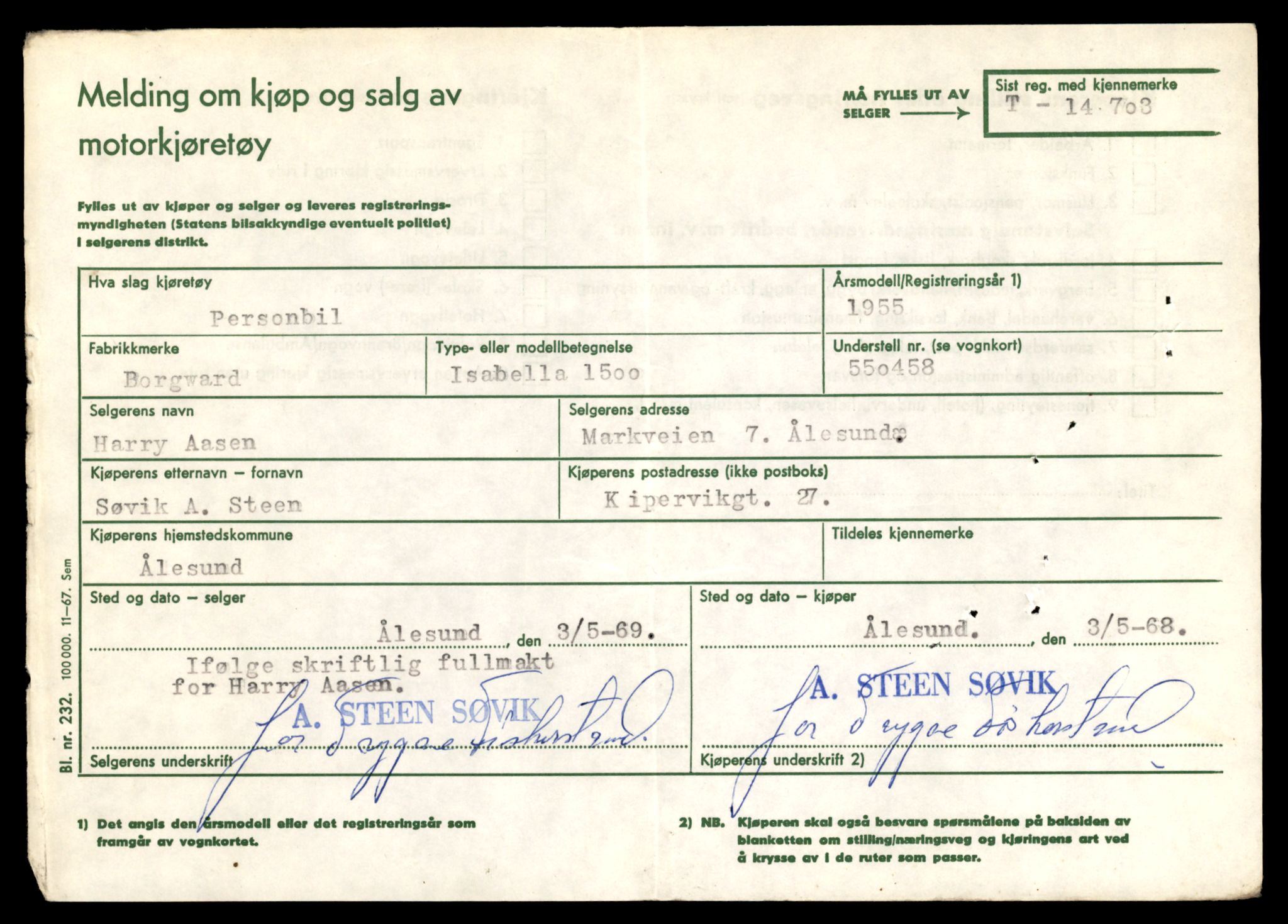 Møre og Romsdal vegkontor - Ålesund trafikkstasjon, SAT/A-4099/F/Fe/L0047: Registreringskort for kjøretøy T 14580 - T 14720, 1927-1998, s. 2907