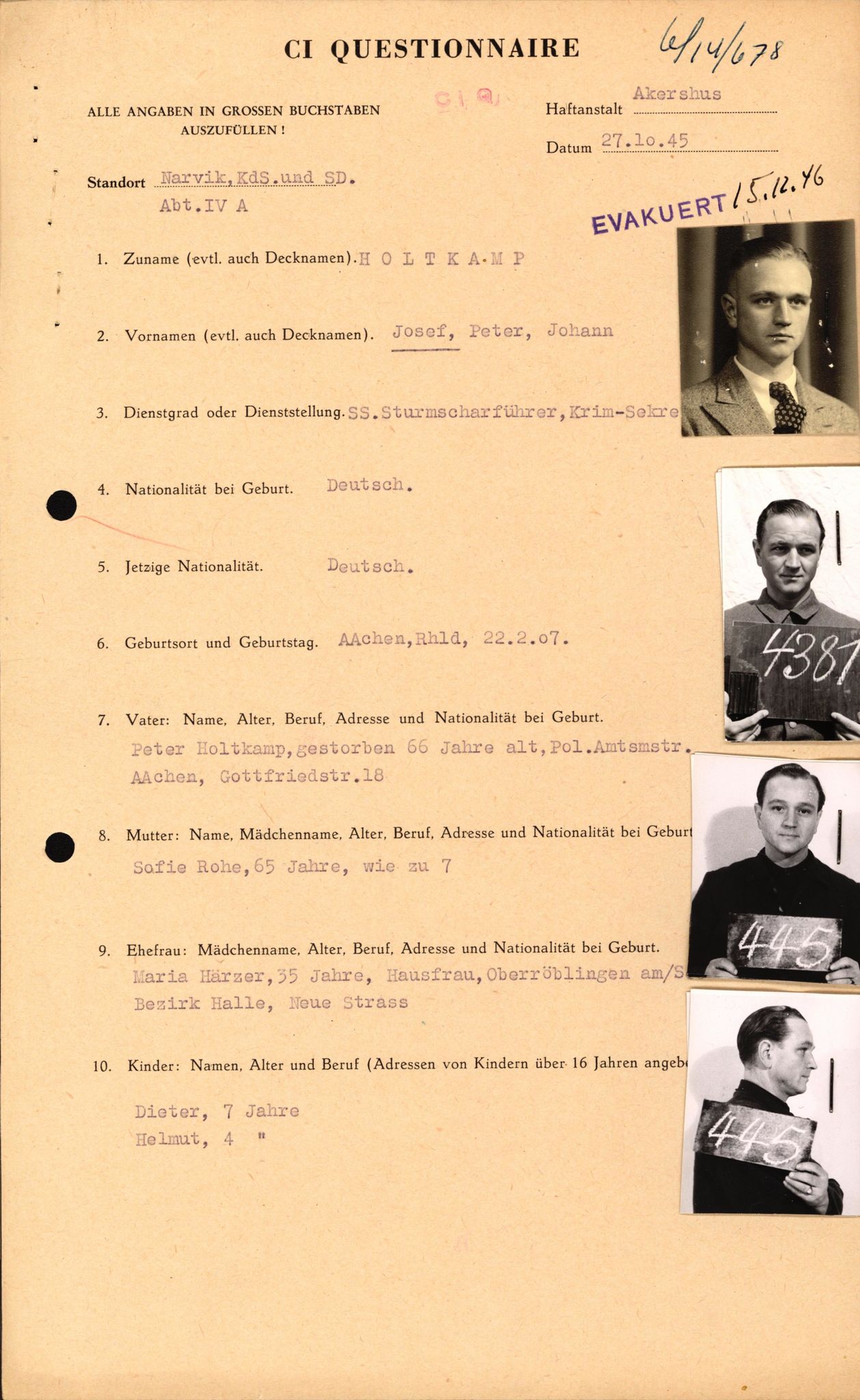 Forsvaret, Forsvarets overkommando II, AV/RA-RAFA-3915/D/Db/L0013: CI Questionaires. Tyske okkupasjonsstyrker i Norge. Tyskere., 1945-1946, s. 427