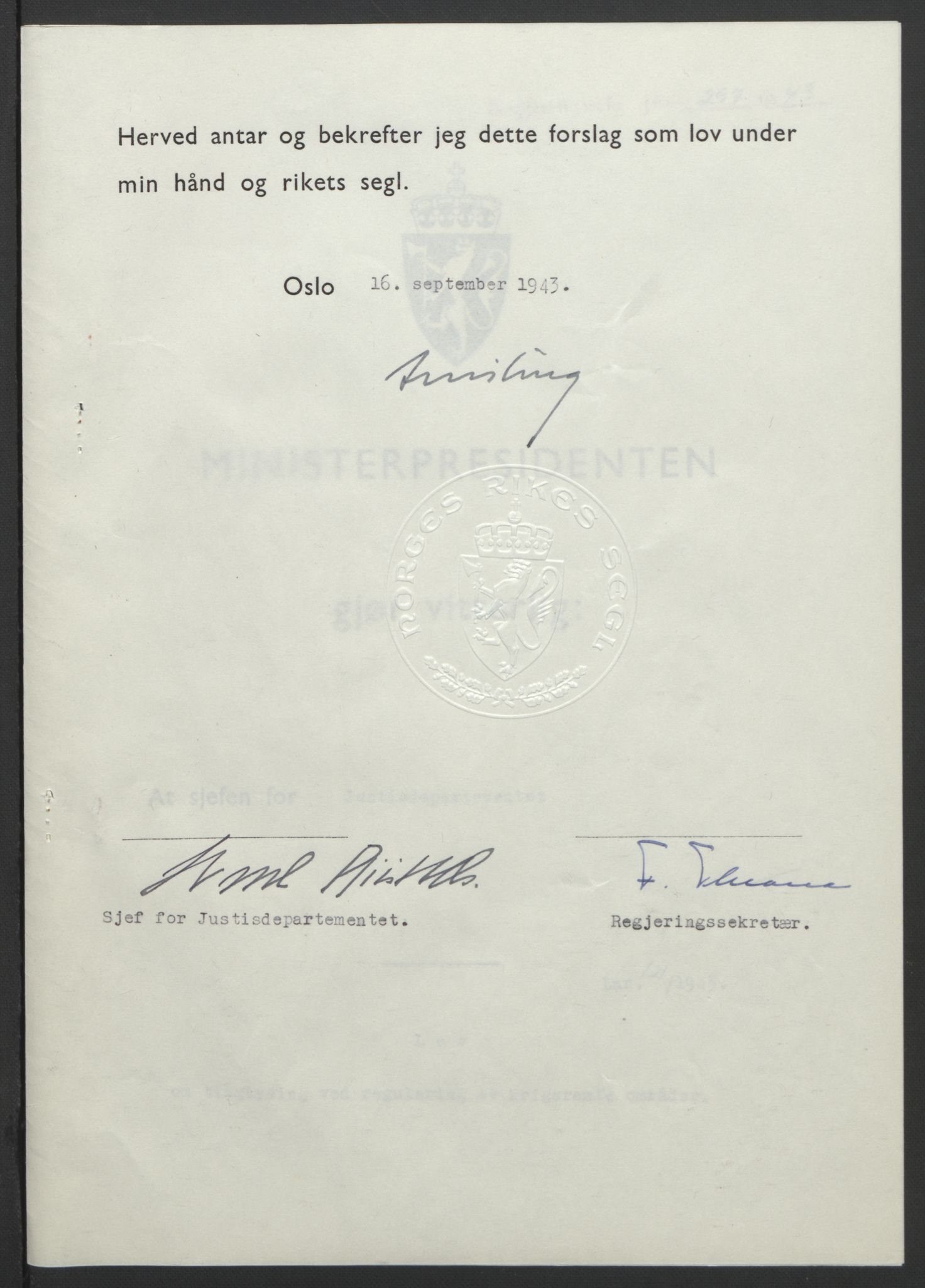 NS-administrasjonen 1940-1945 (Statsrådsekretariatet, de kommisariske statsråder mm), RA/S-4279/D/Db/L0099: Lover, 1943, s. 567