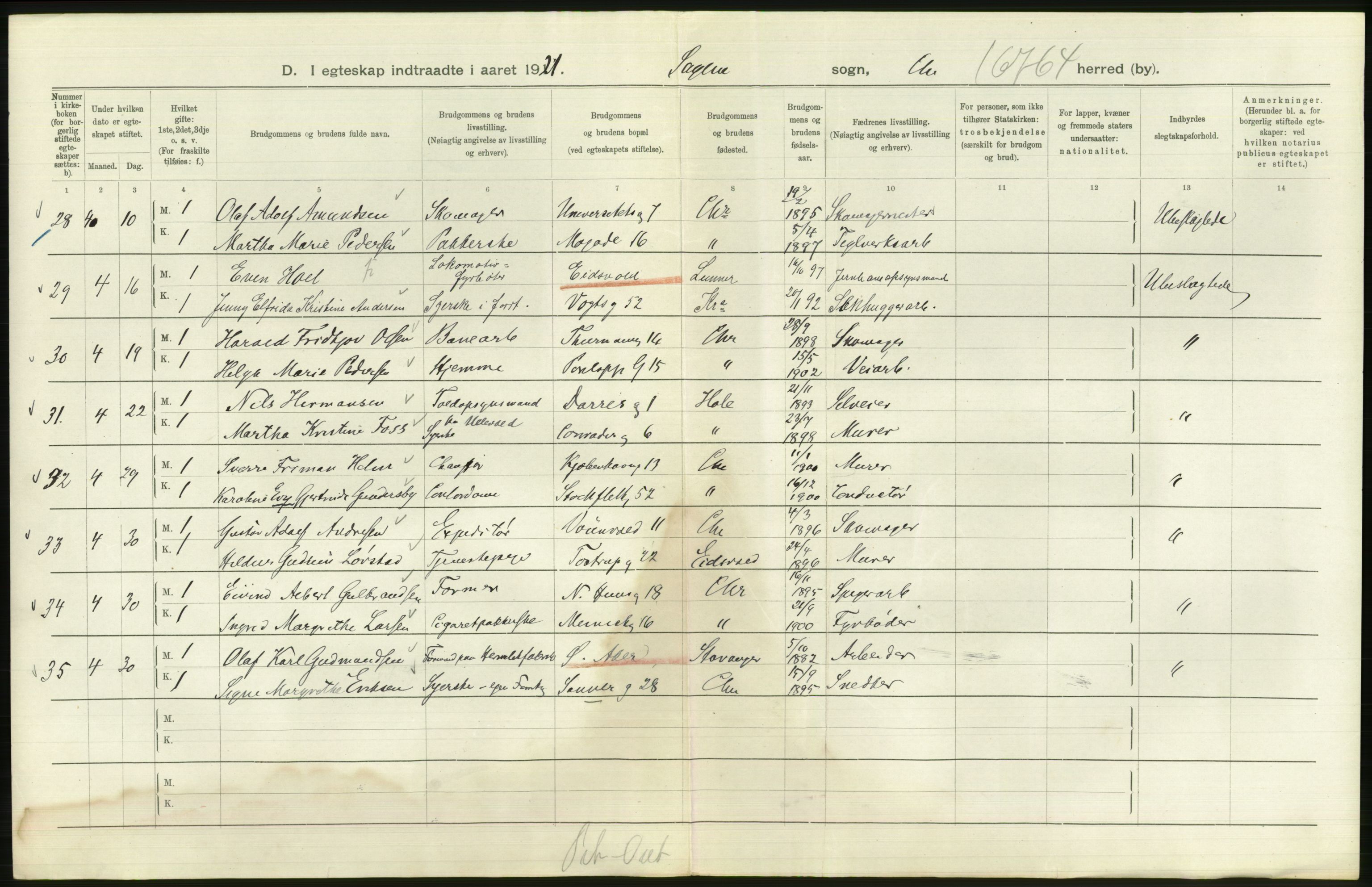 Statistisk sentralbyrå, Sosiodemografiske emner, Befolkning, AV/RA-S-2228/D/Df/Dfc/Dfca/L0011: Kristiania: Gifte, 1921, s. 378