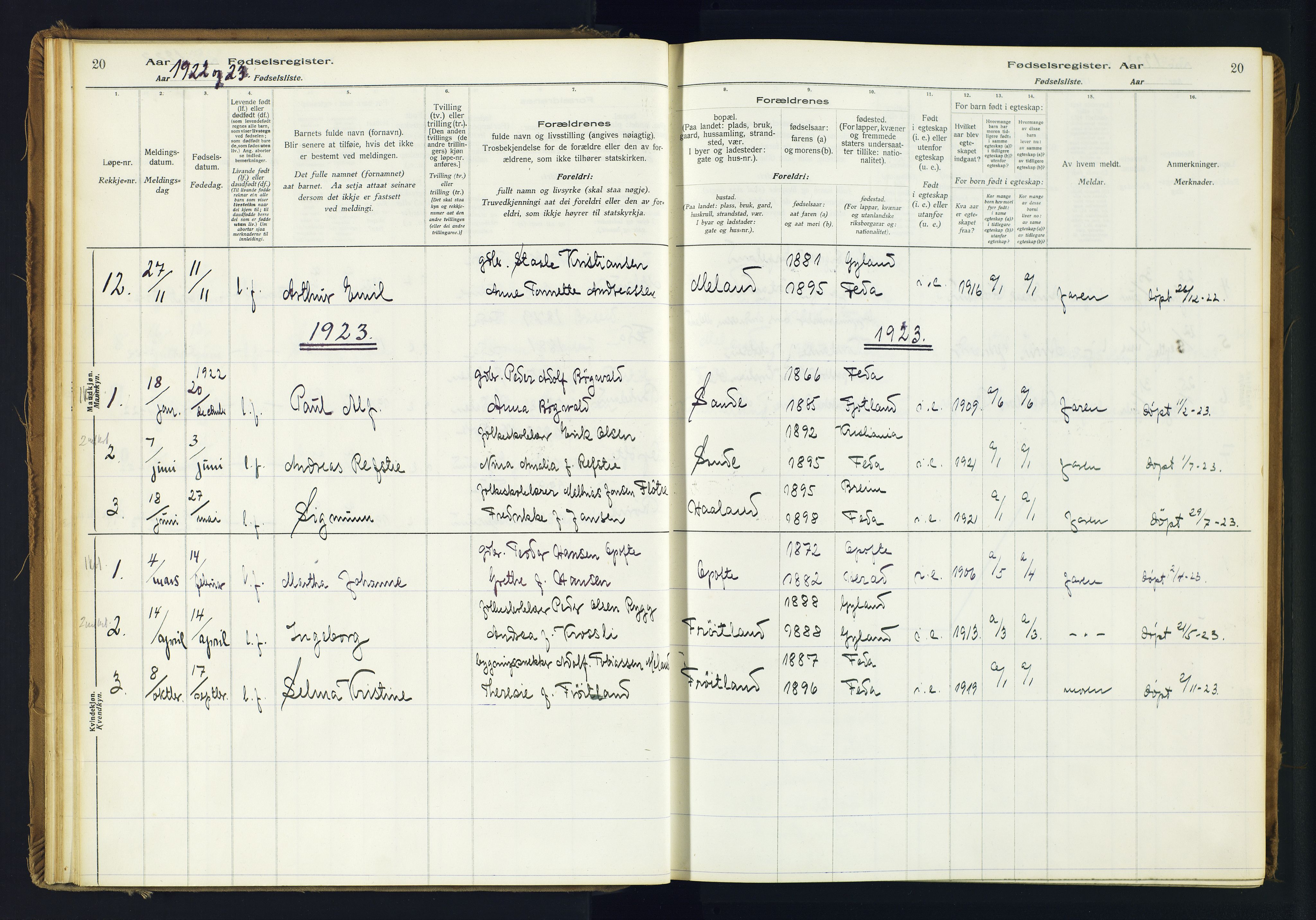 Kvinesdal sokneprestkontor, SAK/1111-0026/J/Ja/L0005: Fødselsregister nr. 5, 1916-1982, s. 20