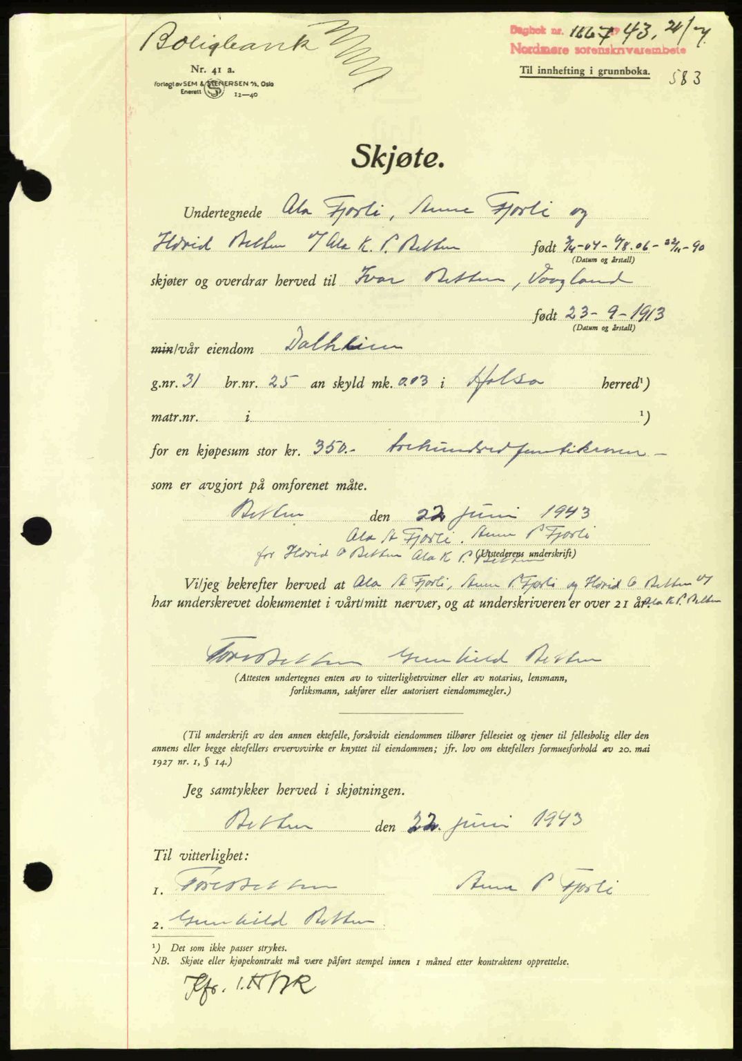 Nordmøre sorenskriveri, AV/SAT-A-4132/1/2/2Ca: Pantebok nr. A95, 1943-1943, Dagboknr: 1667/1943