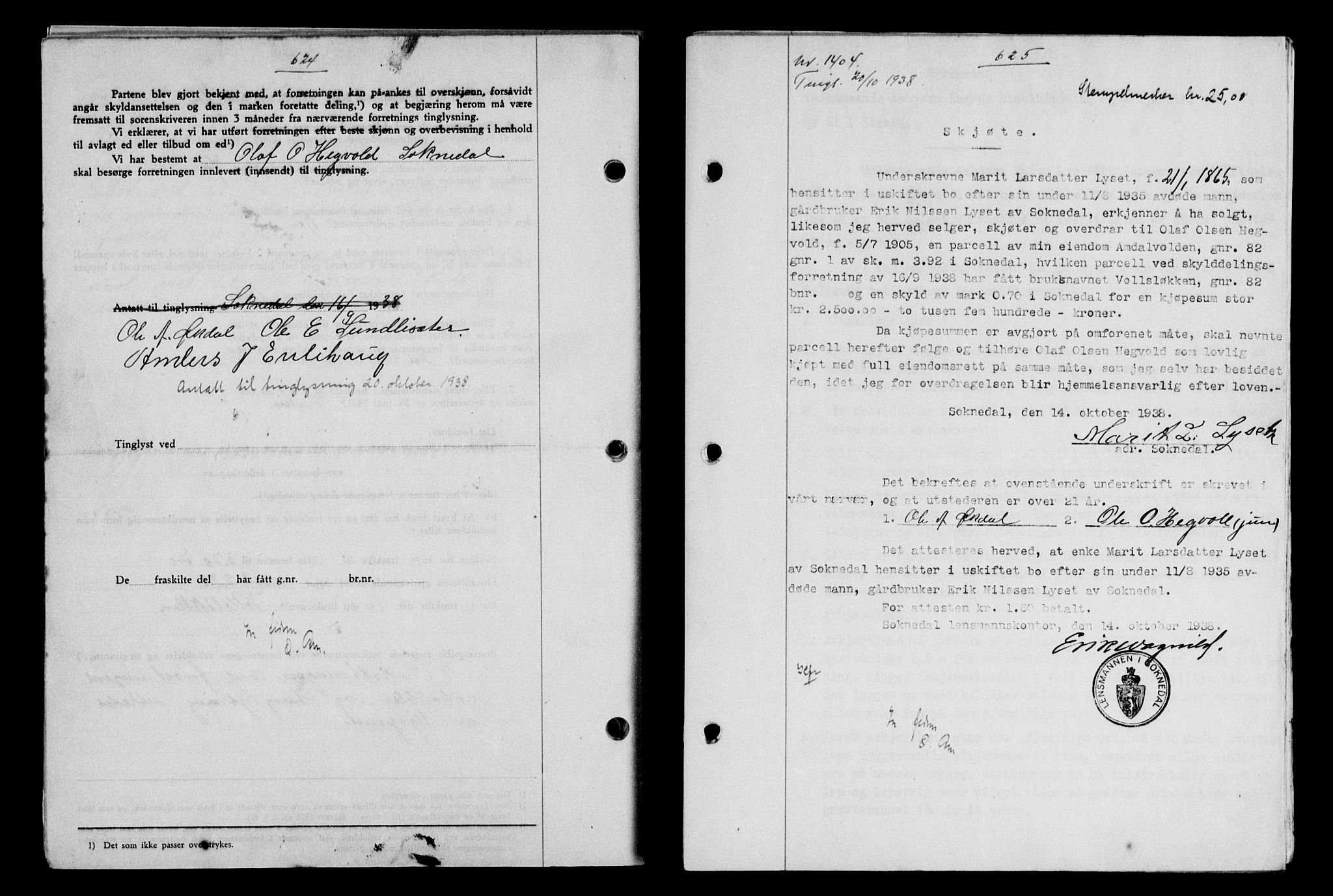 Gauldal sorenskriveri, SAT/A-0014/1/2/2C/L0049: Pantebok nr. 53, 1938-1938, Dagboknr: 1404/1938