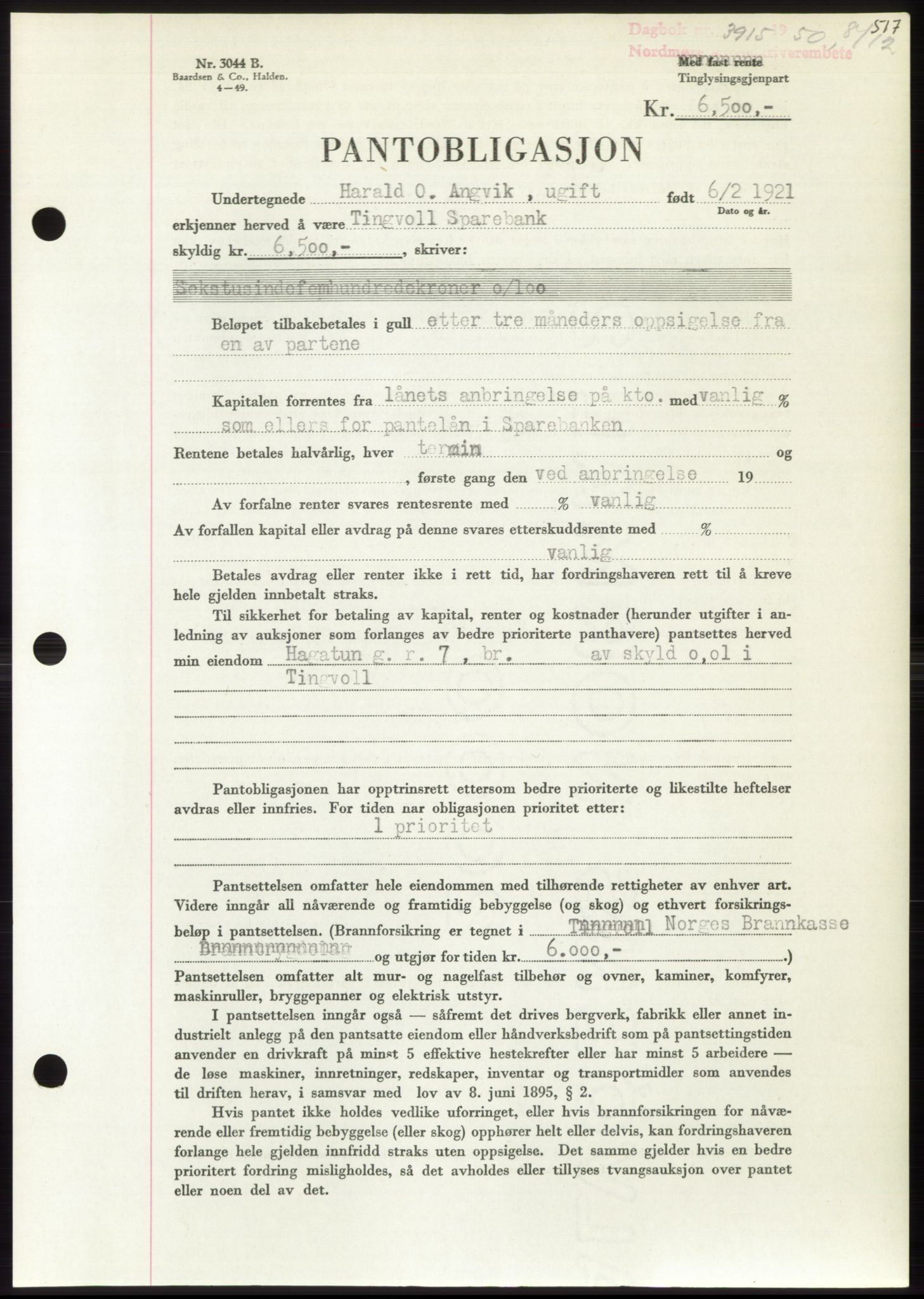 Nordmøre sorenskriveri, SAT/A-4132/1/2/2Ca: Pantebok nr. B106, 1950-1950, Dagboknr: 3915/1950