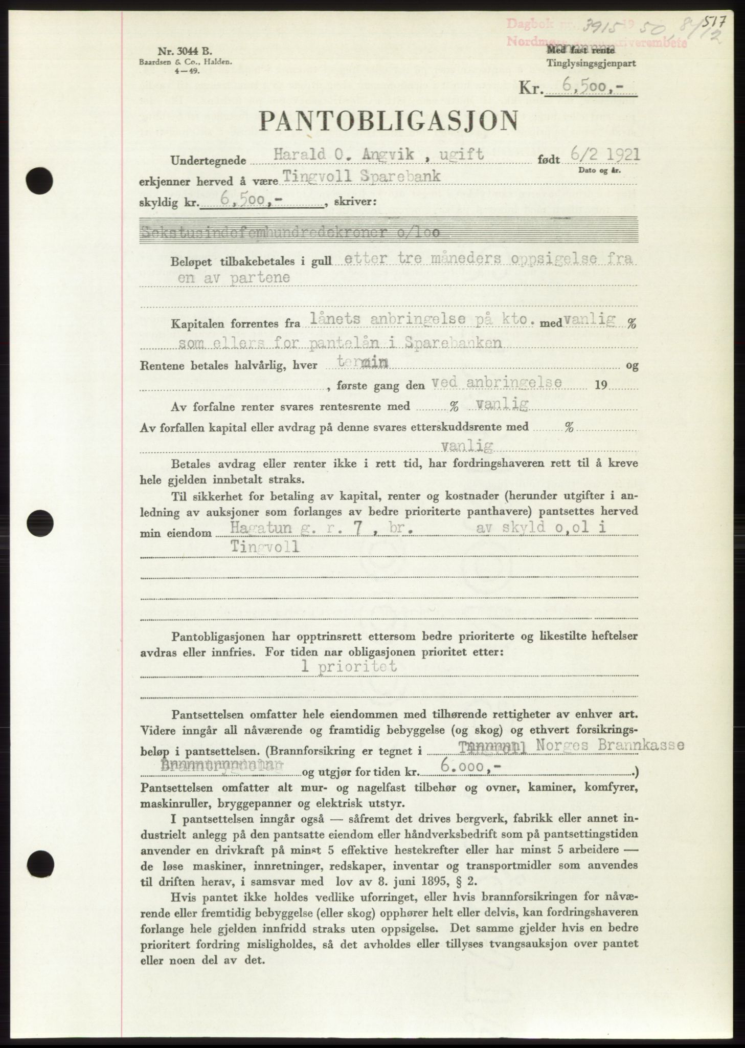 Nordmøre sorenskriveri, AV/SAT-A-4132/1/2/2Ca: Pantebok nr. B106, 1950-1950, Dagboknr: 3915/1950