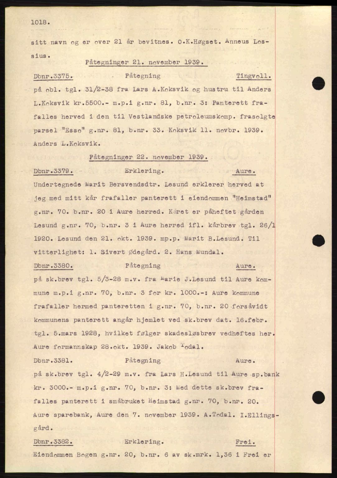 Nordmøre sorenskriveri, SAT/A-4132/1/2/2Ca: Pantebok nr. C80, 1936-1939, Dagboknr: 3375/1939