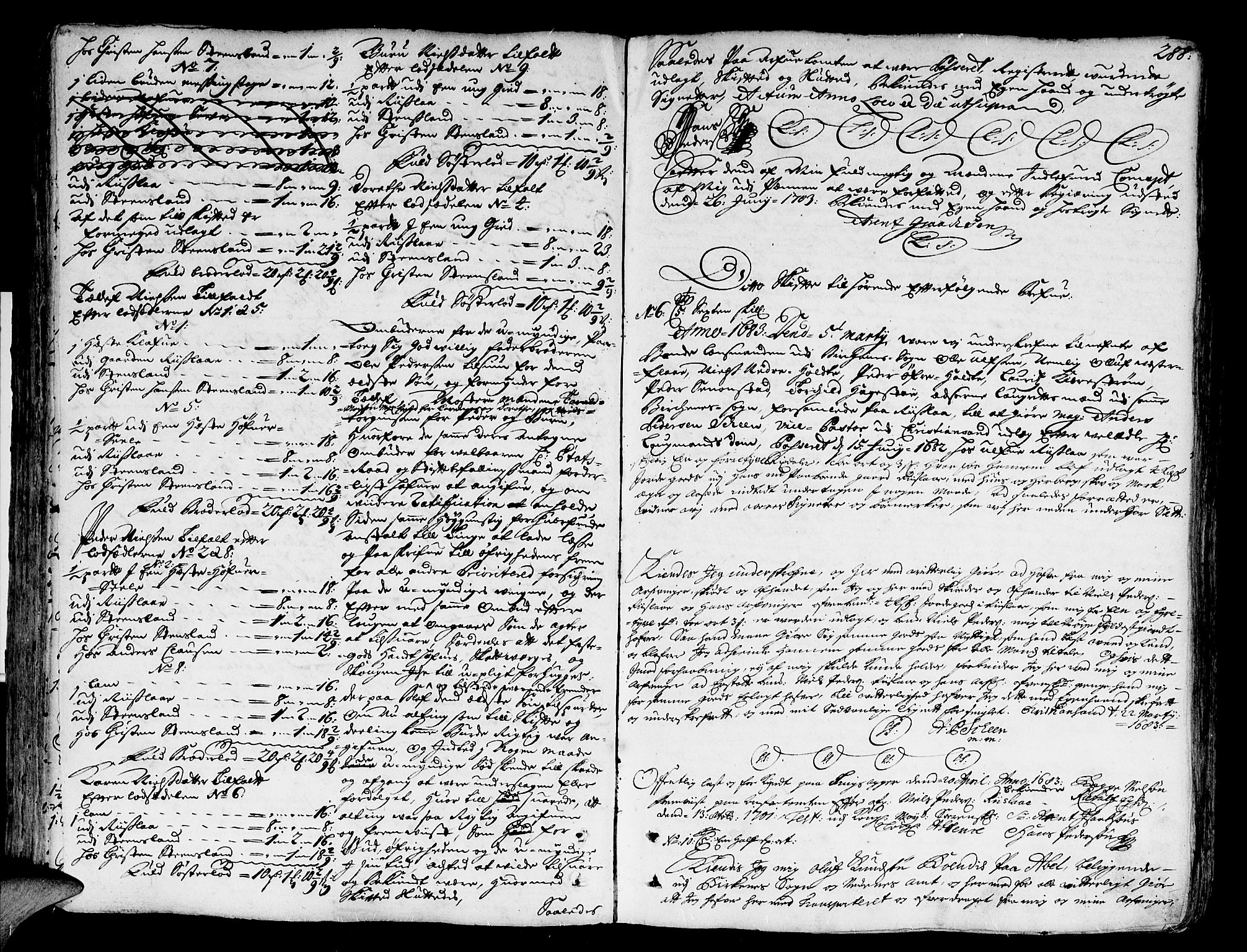 Nedenes sorenskriveri før 1824, SAK/1221-0007/H/Hc/L0003: Skifteprotokoll med register nr 3, 1700-1708, s. 287b-288a