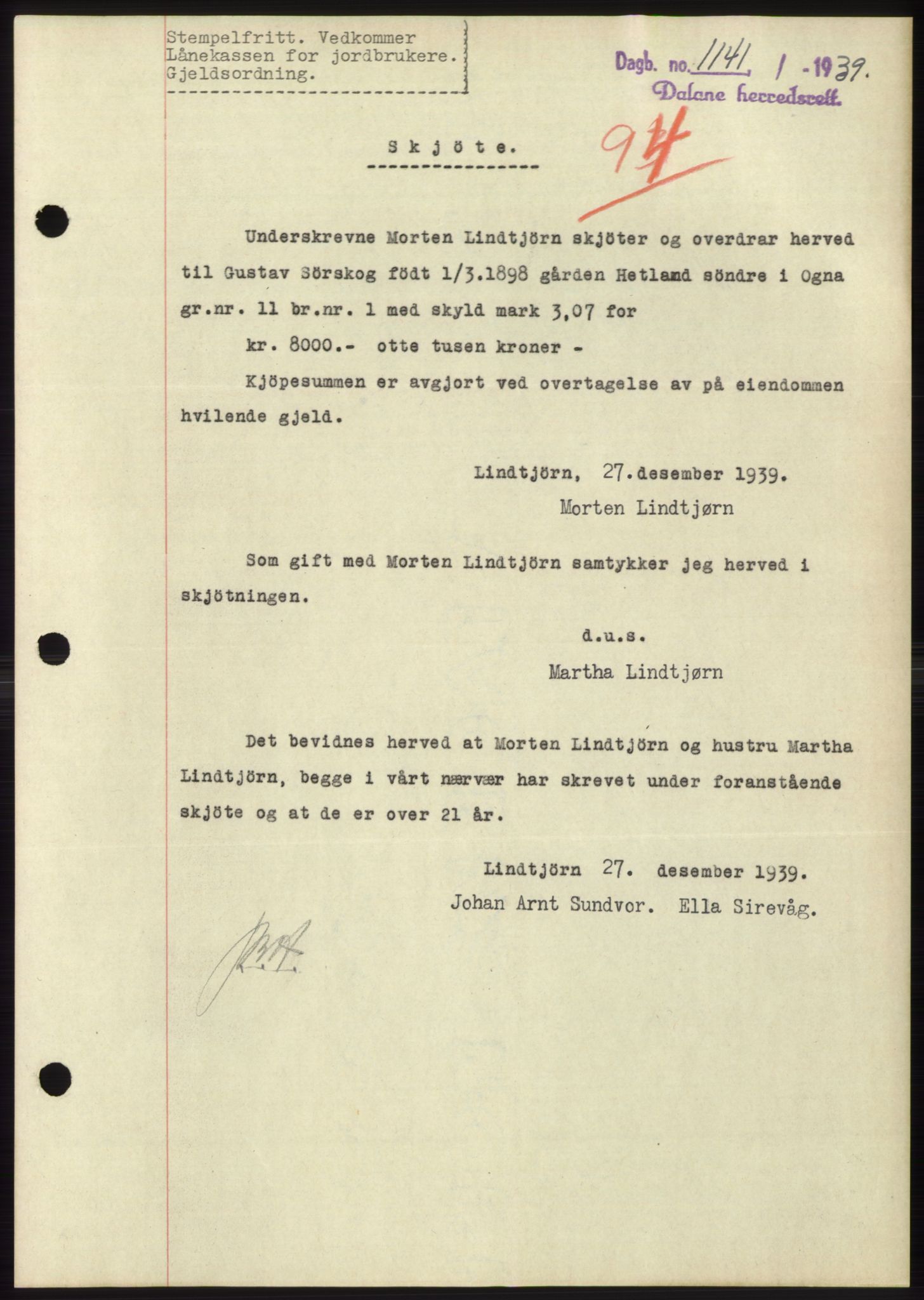 Dalane sorenskriveri, SAST/A-100309/02/G/Gb/L0058: Pantebok, 1926-1950, Tingl.dato: 28.12.1939