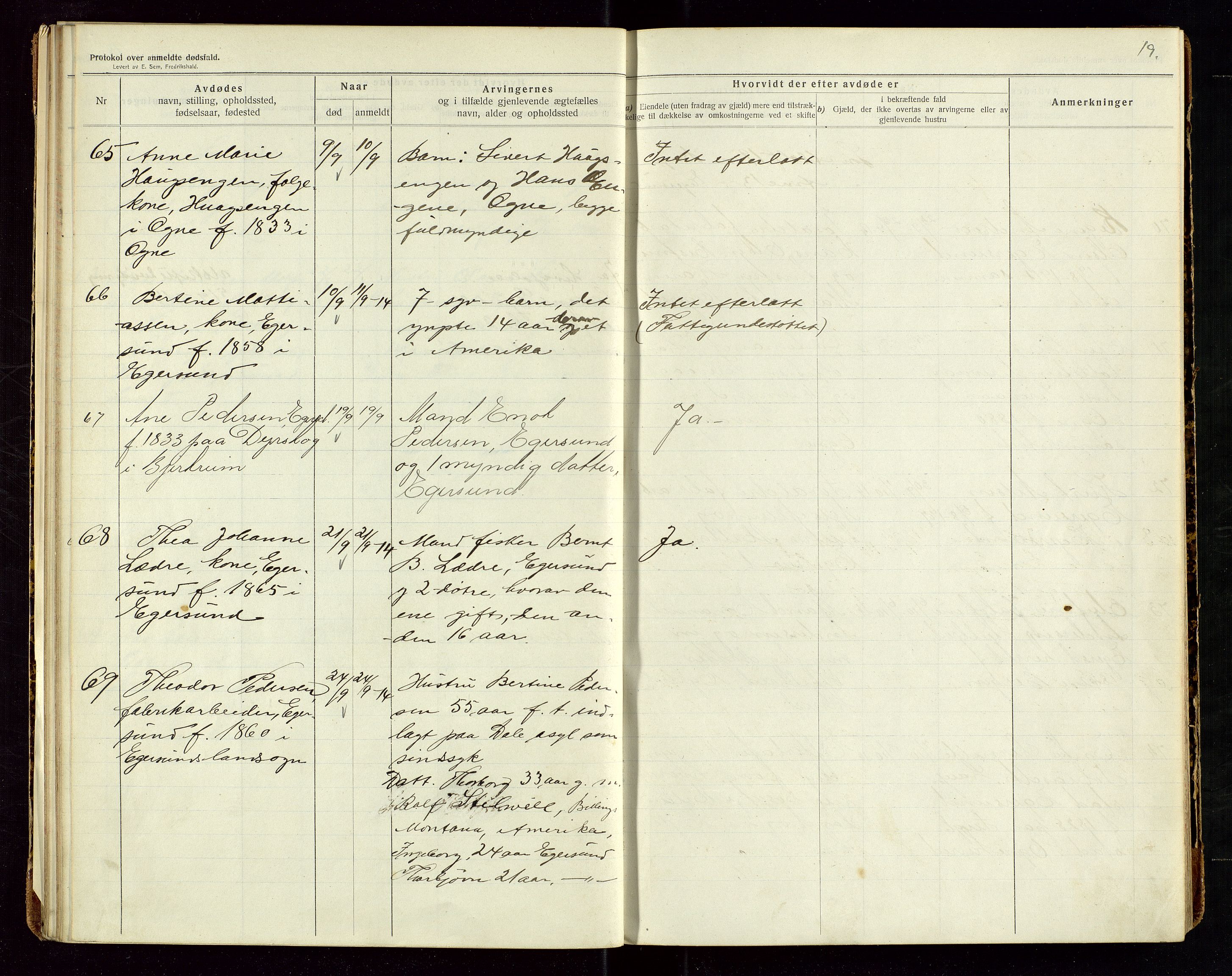 Eigersund lensmannskontor, AV/SAST-A-100171/Gga/L0006: "Protokol over anmeldte dødsfald" m/alfabetisk navneregister, 1914-1917, s. 19