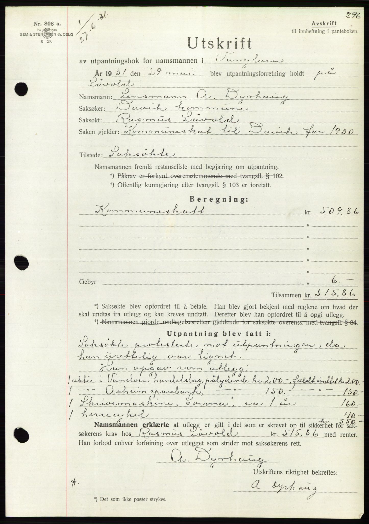 Søre Sunnmøre sorenskriveri, AV/SAT-A-4122/1/2/2C/L0052: Pantebok nr. 46, 1931-1931, Tingl.dato: 27.06.1931