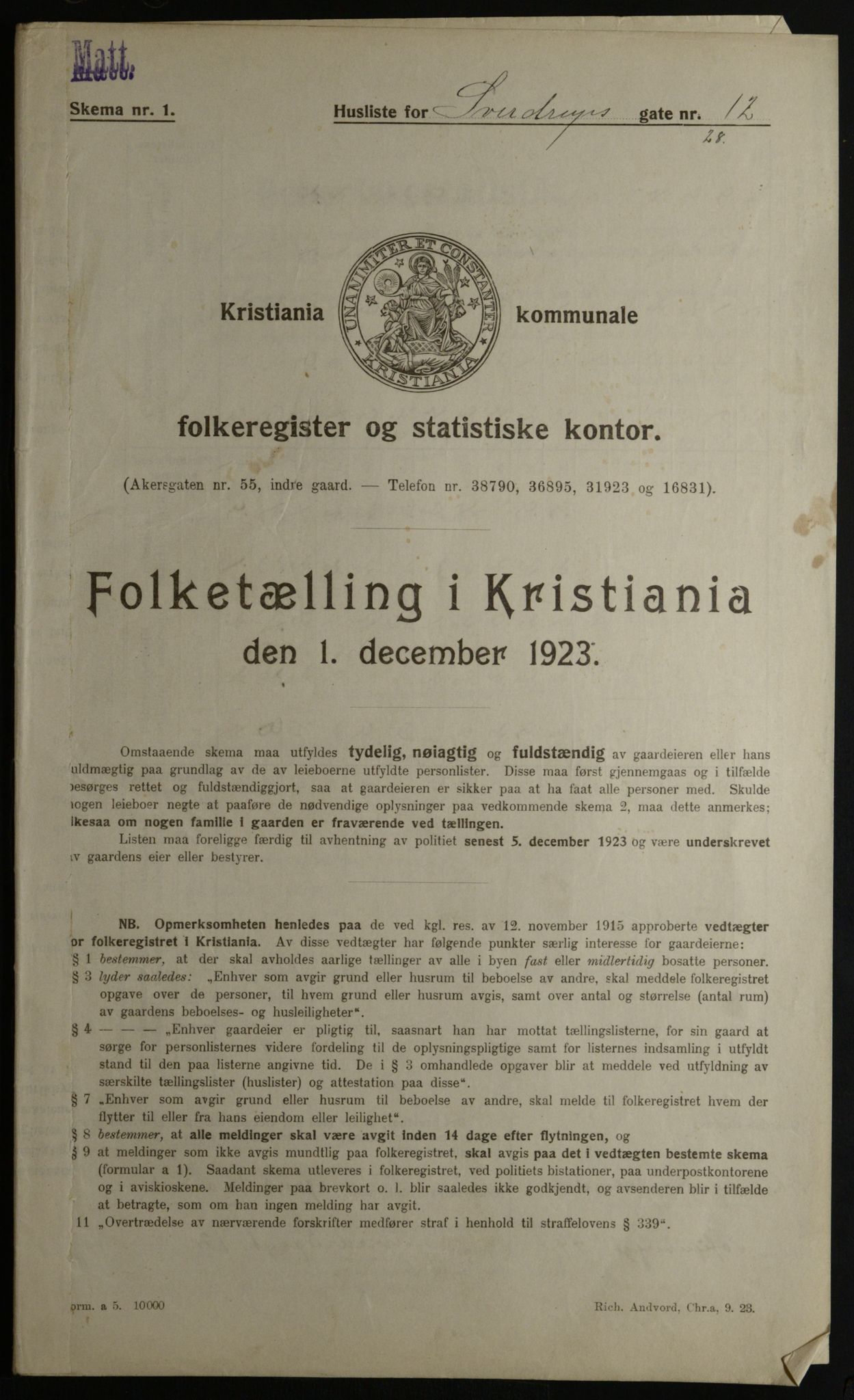 OBA, Kommunal folketelling 1.12.1923 for Kristiania, 1923, s. 116724