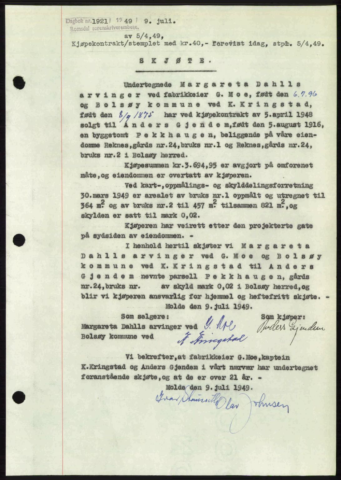 Romsdal sorenskriveri, SAT/A-4149/1/2/2C: Pantebok nr. A30, 1949-1949, Dagboknr: 1921/1949