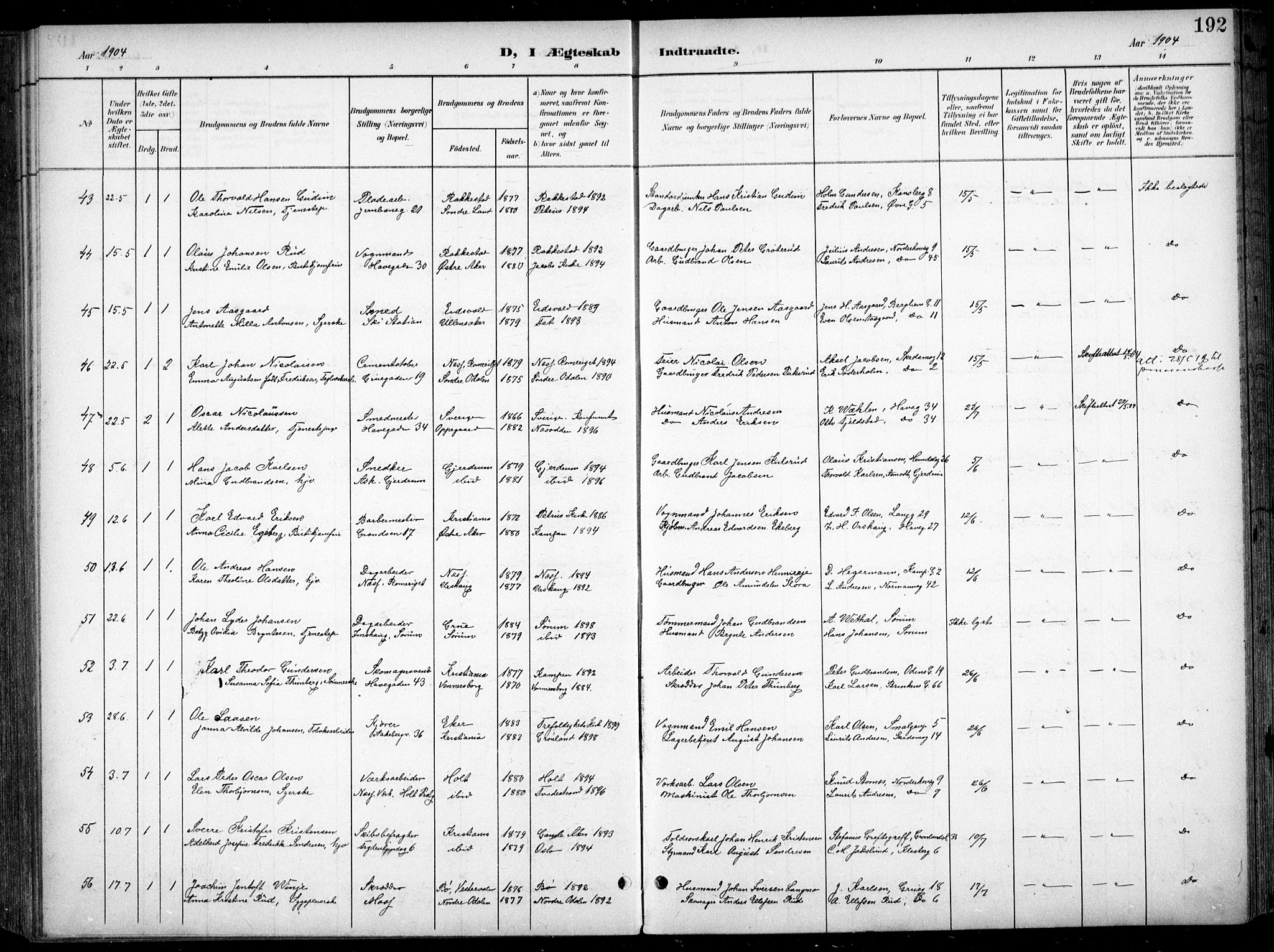 Kampen prestekontor Kirkebøker, AV/SAO-A-10853/F/Fa/L0009: Ministerialbok nr. I 9, 1899-1911, s. 192