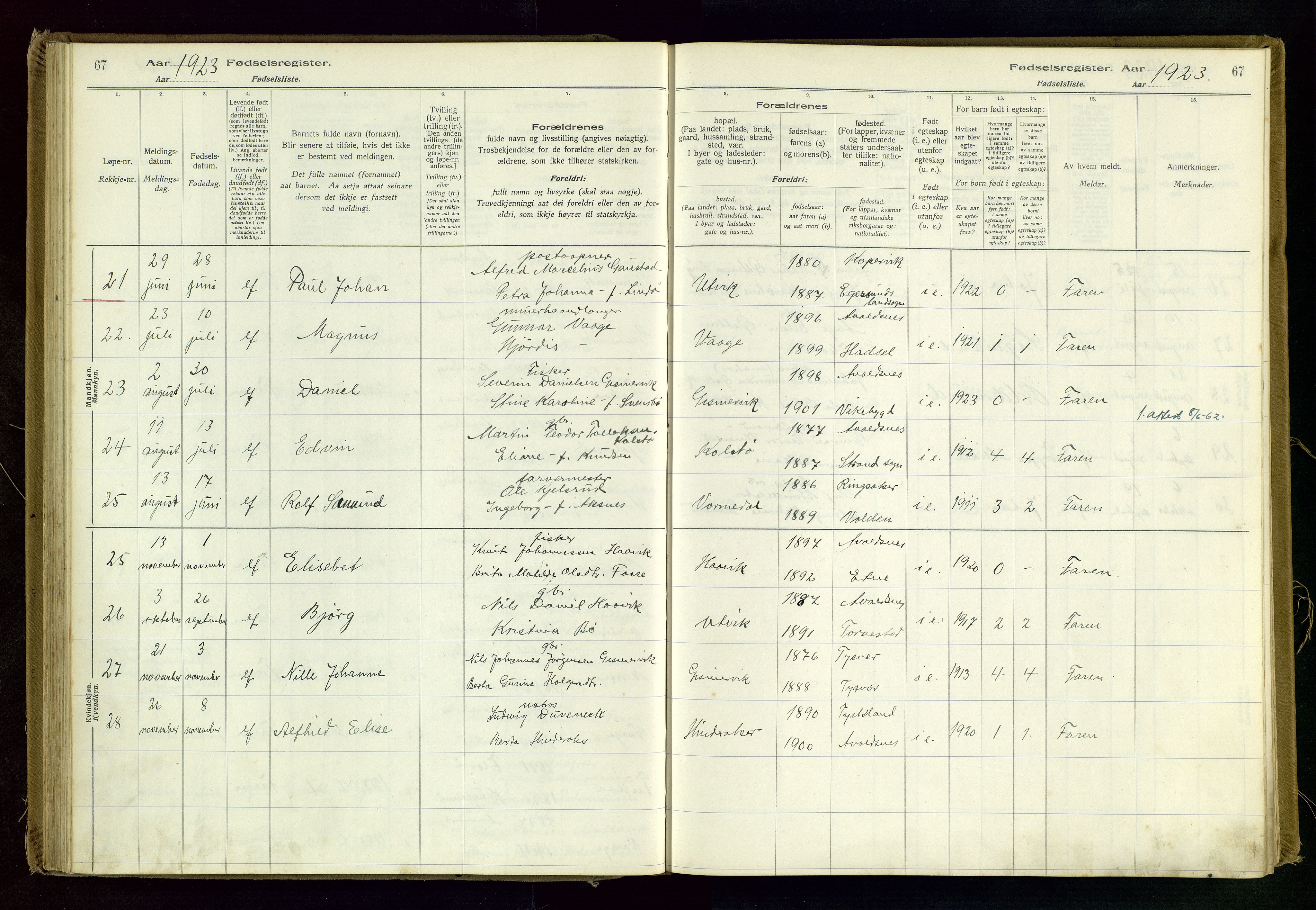 Avaldsnes sokneprestkontor, AV/SAST-A -101851/I/Id/L0001: Fødselsregister nr. 1, 1916-1946, s. 67