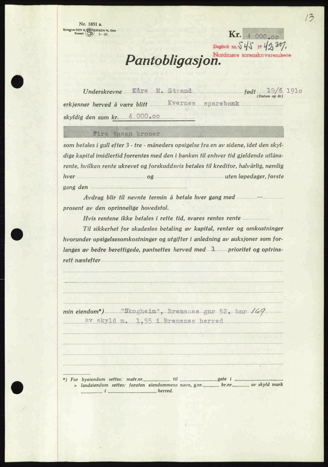 Nordmøre sorenskriveri, AV/SAT-A-4132/1/2/2Ca: Pantebok nr. B89, 1942-1942, Dagboknr: 545/1942