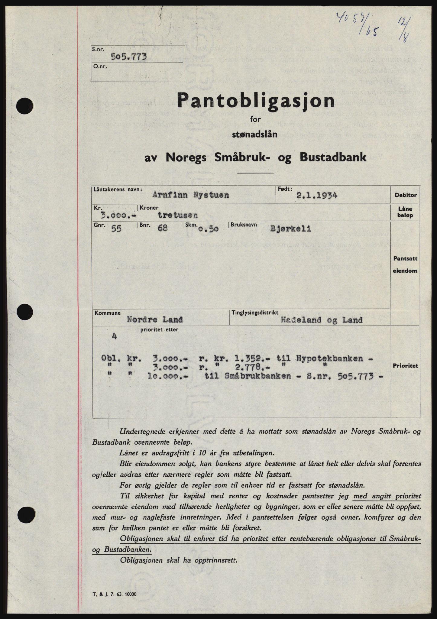 Hadeland og Land tingrett, SAH/TING-010/H/Hb/Hbc/L0059: Pantebok nr. B59, 1965-1965, Dagboknr: 4057/1965