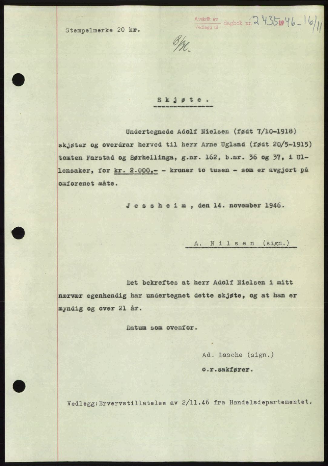 Eidsvoll tingrett, SAO/A-10371/G/Gb/Gbb/L0015: Pantebok nr. A43, 1946-1947, Dagboknr: 2435/1946