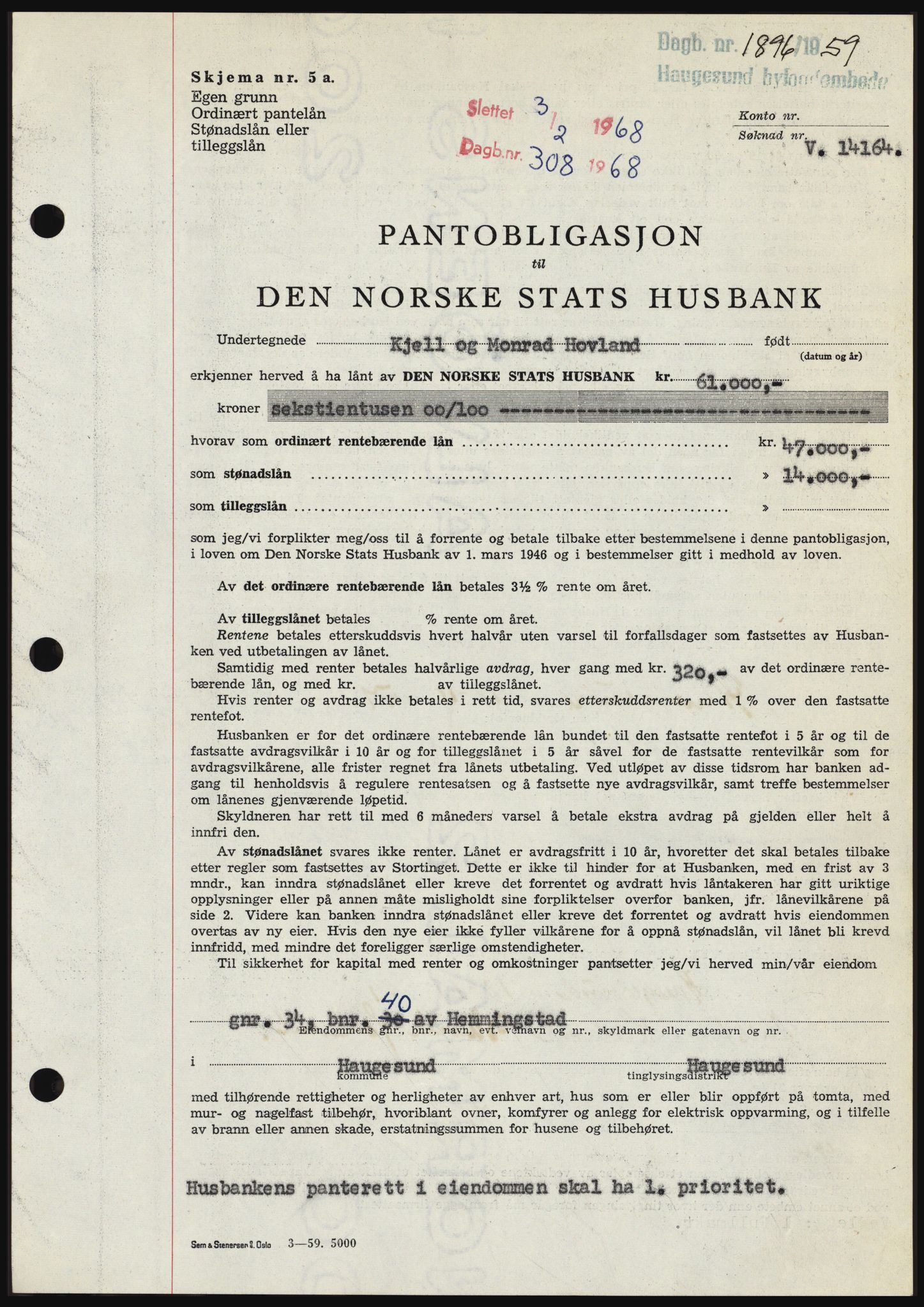 Haugesund tingrett, SAST/A-101415/01/II/IIC/L0045: Pantebok nr. B 45, 1959-1959, Dagboknr: 1896/1959