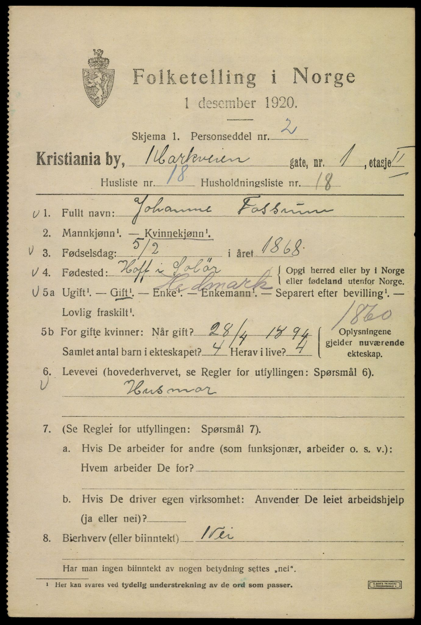 SAO, Folketelling 1920 for 0301 Kristiania kjøpstad, 1920, s. 385089