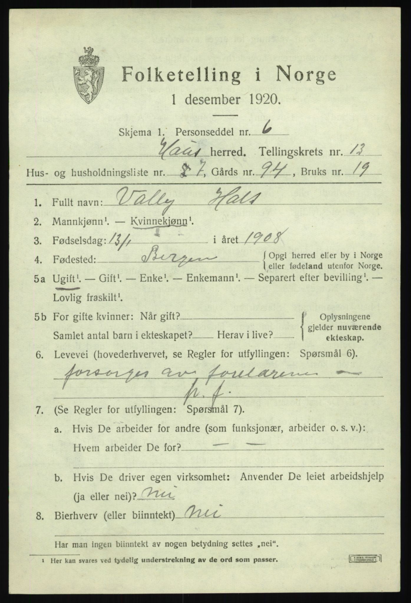 SAB, Folketelling 1920 for 1250 Haus herred, 1920, s. 8045