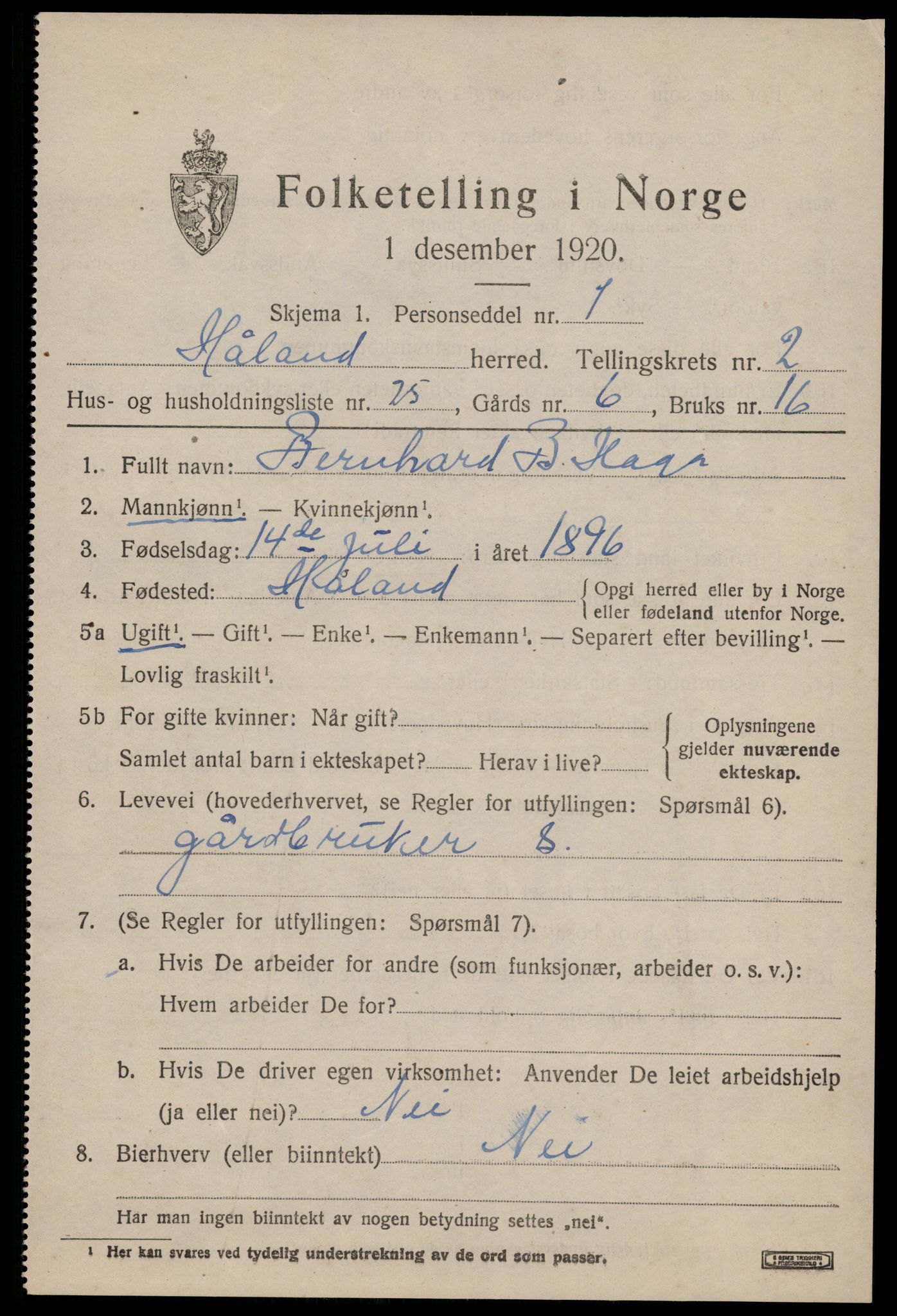 SAST, Folketelling 1920 for 1124 Håland herred, 1920, s. 2875