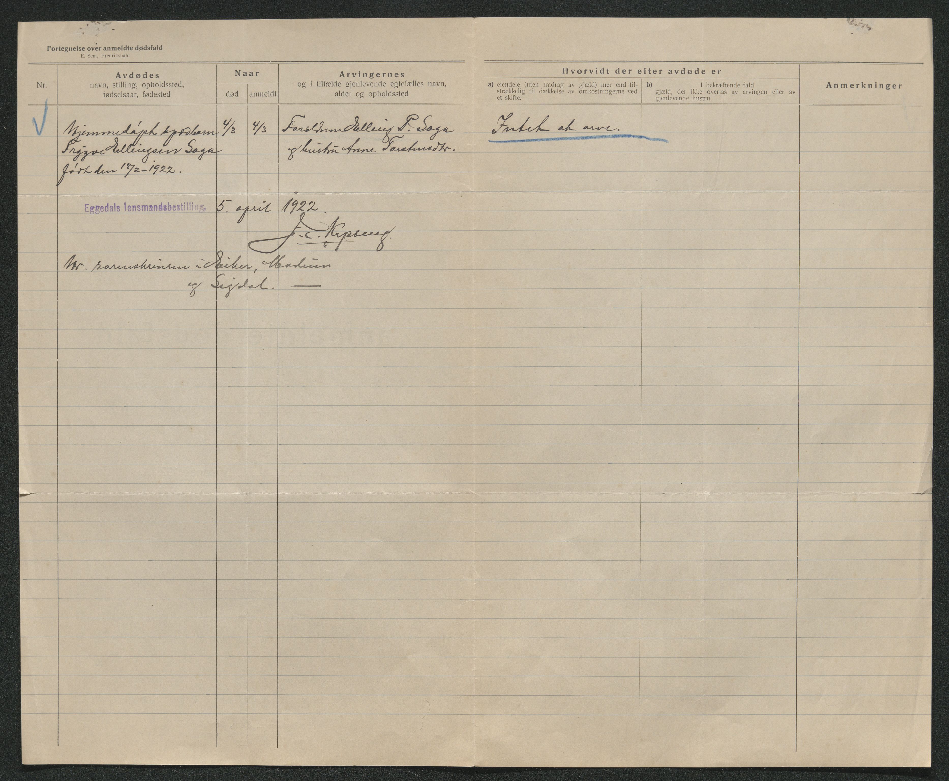 Eiker, Modum og Sigdal sorenskriveri, AV/SAKO-A-123/H/Ha/Hab/L0041: Dødsfallsmeldinger, 1922-1923, s. 137