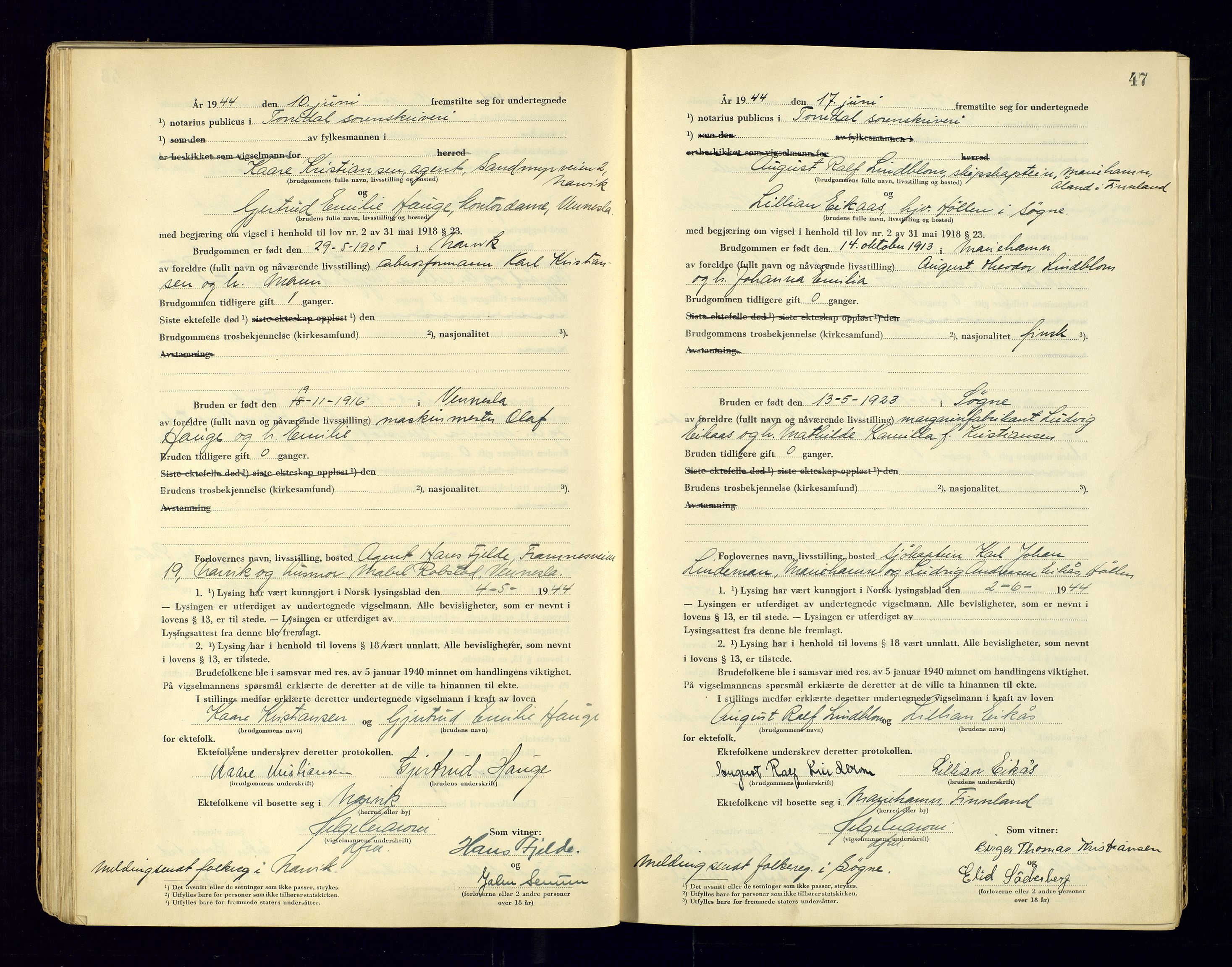 Torridal sorenskriveri, AV/SAK-1221-0012/L/Ld/L0004: Vigselbok nr. 2, 1943-1946, s. 47