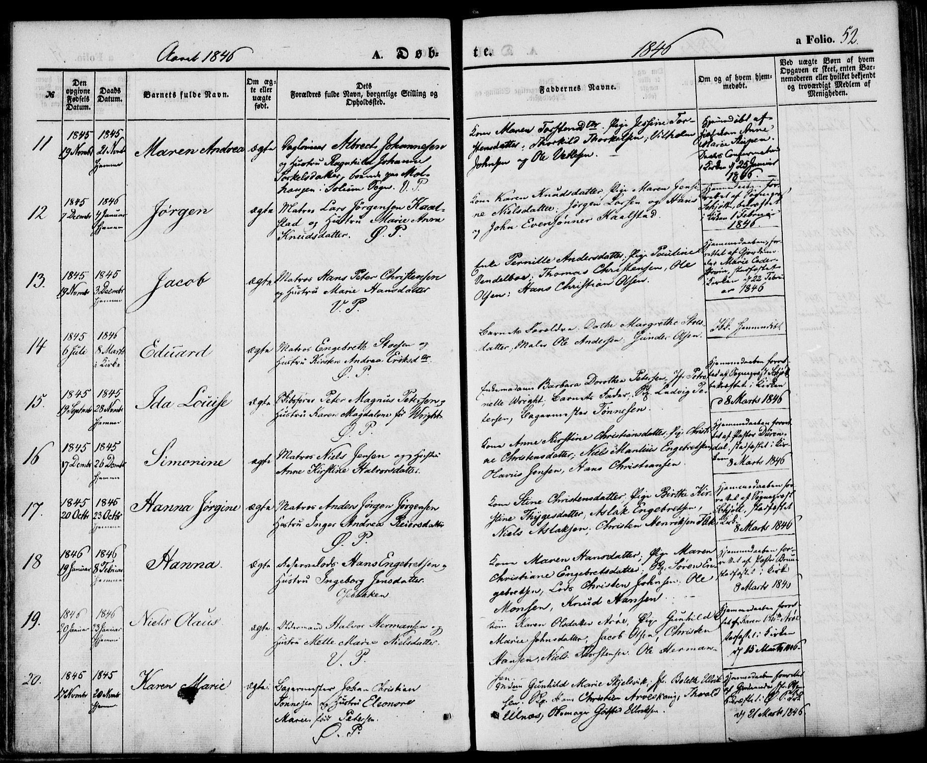 Porsgrunn kirkebøker , AV/SAKO-A-104/F/Fa/L0006: Ministerialbok nr. 6, 1841-1857, s. 52