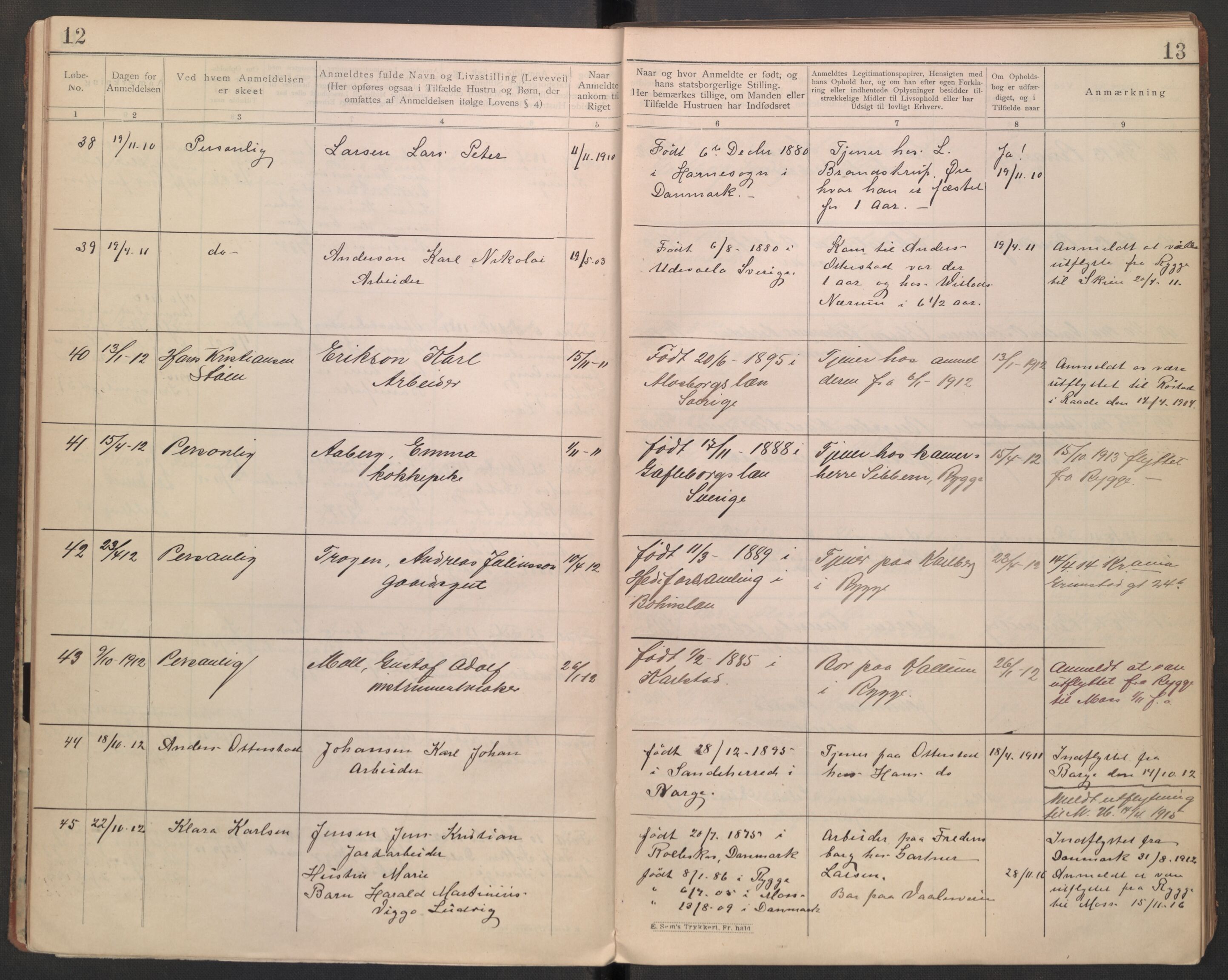 Rygge lensmannskontor, AV/SAO-A-10005/I/Ic/Ica/L0002: Protokoll over fremmede statsborgere, 1902-1928, s. 12-13