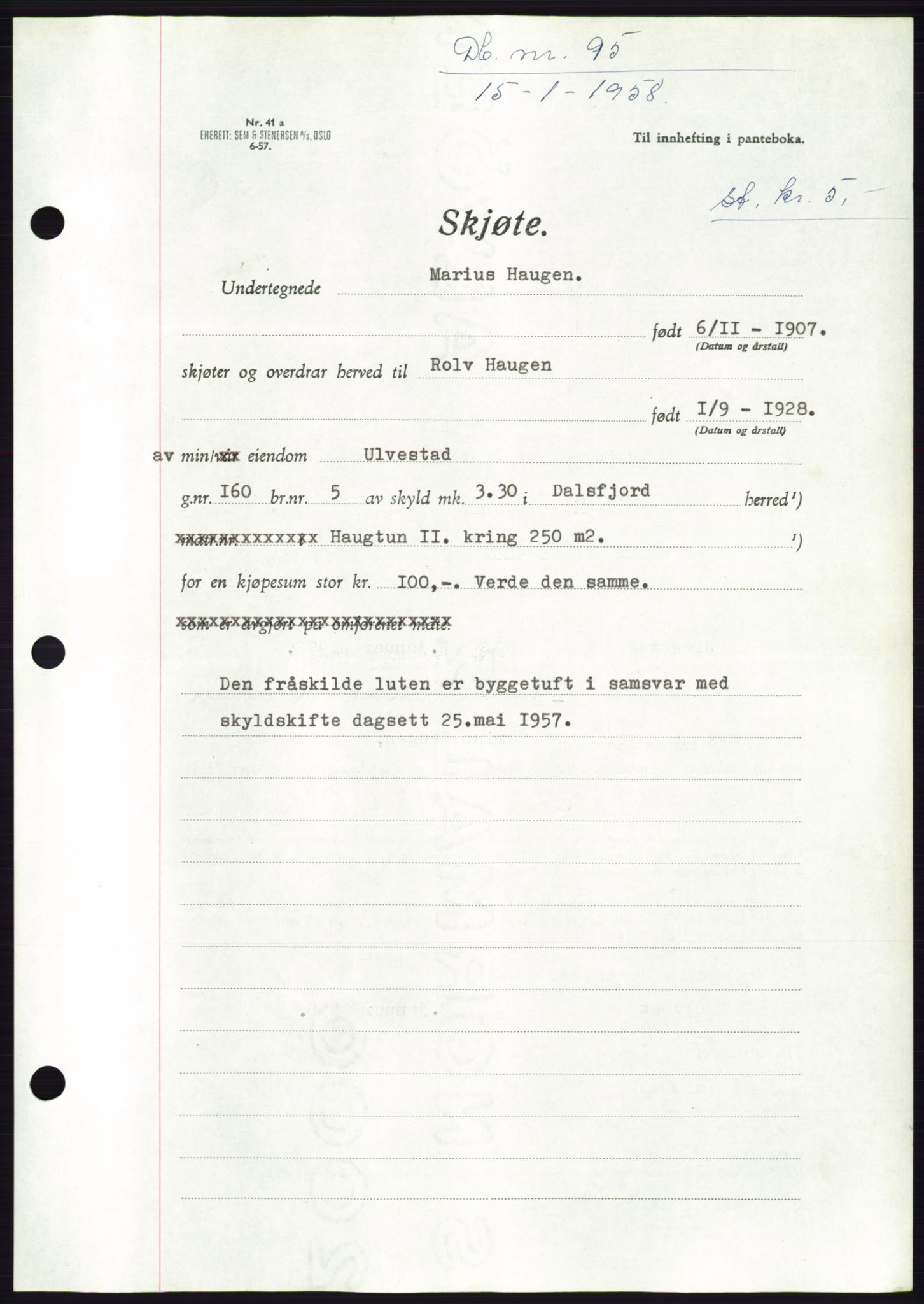 Søre Sunnmøre sorenskriveri, SAT/A-4122/1/2/2C/L0108: Pantebok nr. 34A, 1957-1958, Dagboknr: 95/1958
