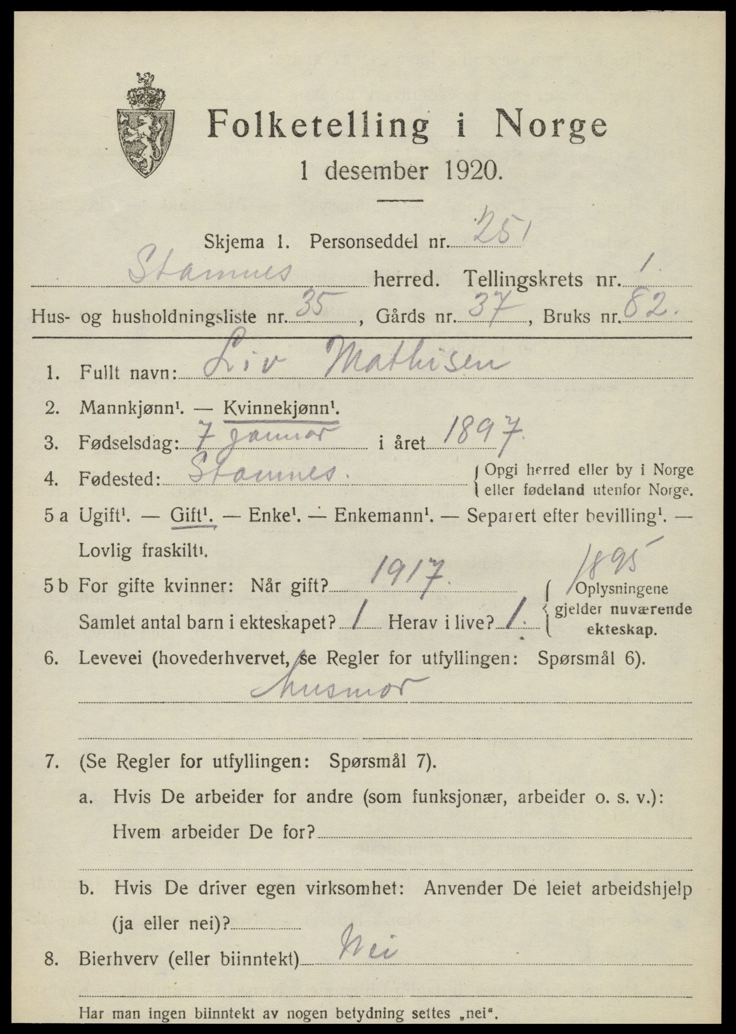 SAT, Folketelling 1920 for 1821 Stamnes herred, 1920, s. 1068