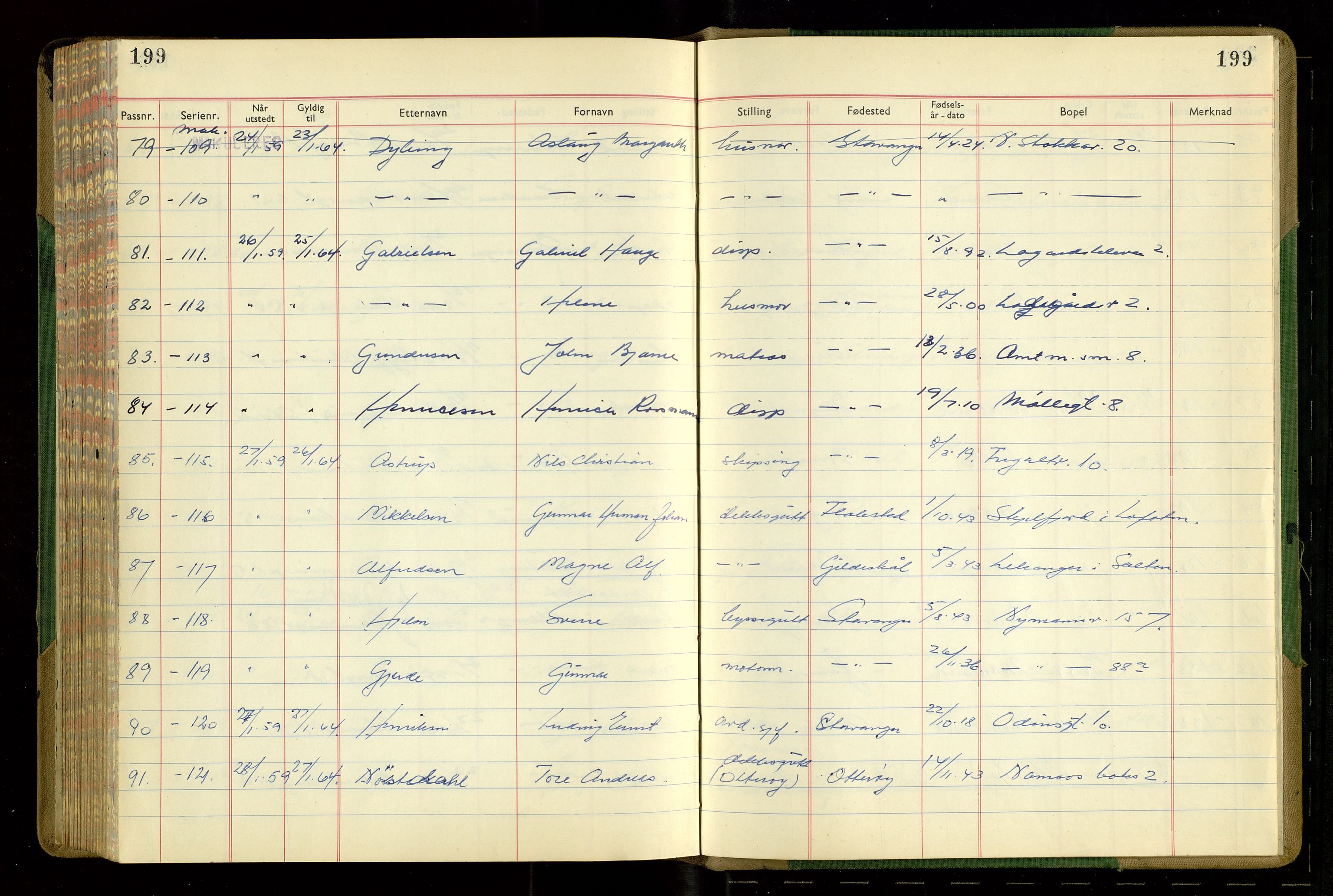 Stavanger politikammer, AV/SAST-A-100361/001/H/Hc/Hcd/Hcdb/L0006: "Passprotokoll", 1957-1959, s. 199