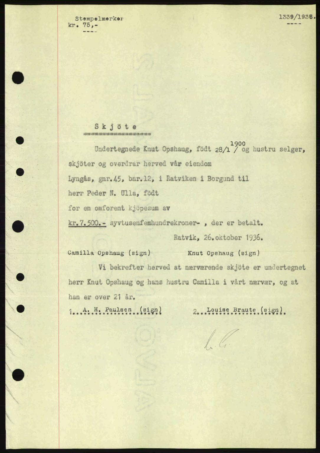 Nordre Sunnmøre sorenskriveri, SAT/A-0006/1/2/2C/2Ca: Pantebok nr. A2, 1936-1937, Dagboknr: 1339/1936