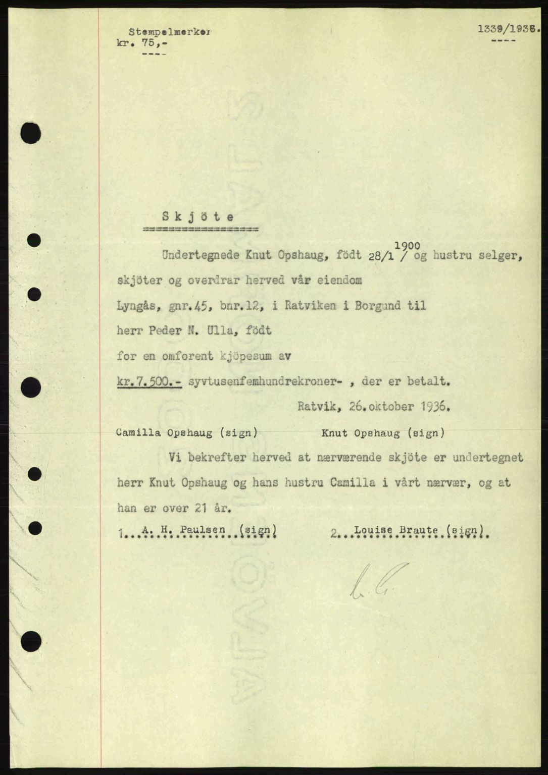 Nordre Sunnmøre sorenskriveri, AV/SAT-A-0006/1/2/2C/2Ca: Pantebok nr. A2, 1936-1937, Dagboknr: 1339/1936