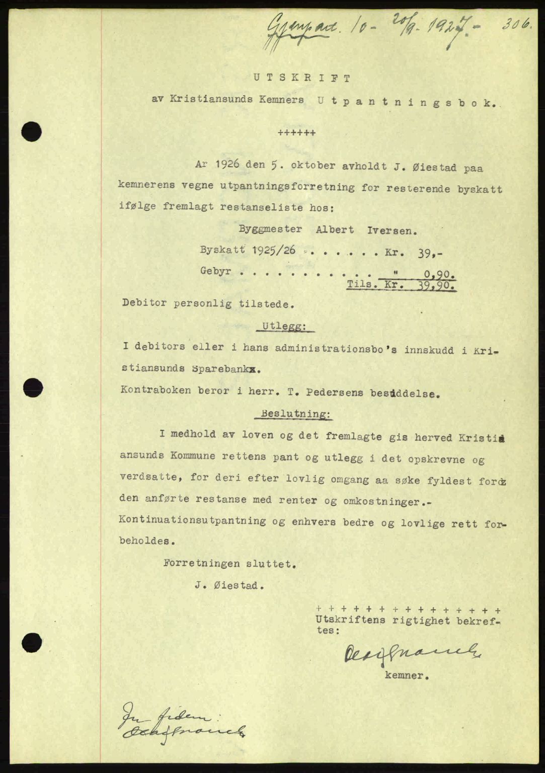 Kristiansund byfogd, AV/SAT-A-4587/A/27: Pantebok nr. 21, 1926-1928, Tingl.dato: 20.09.1927