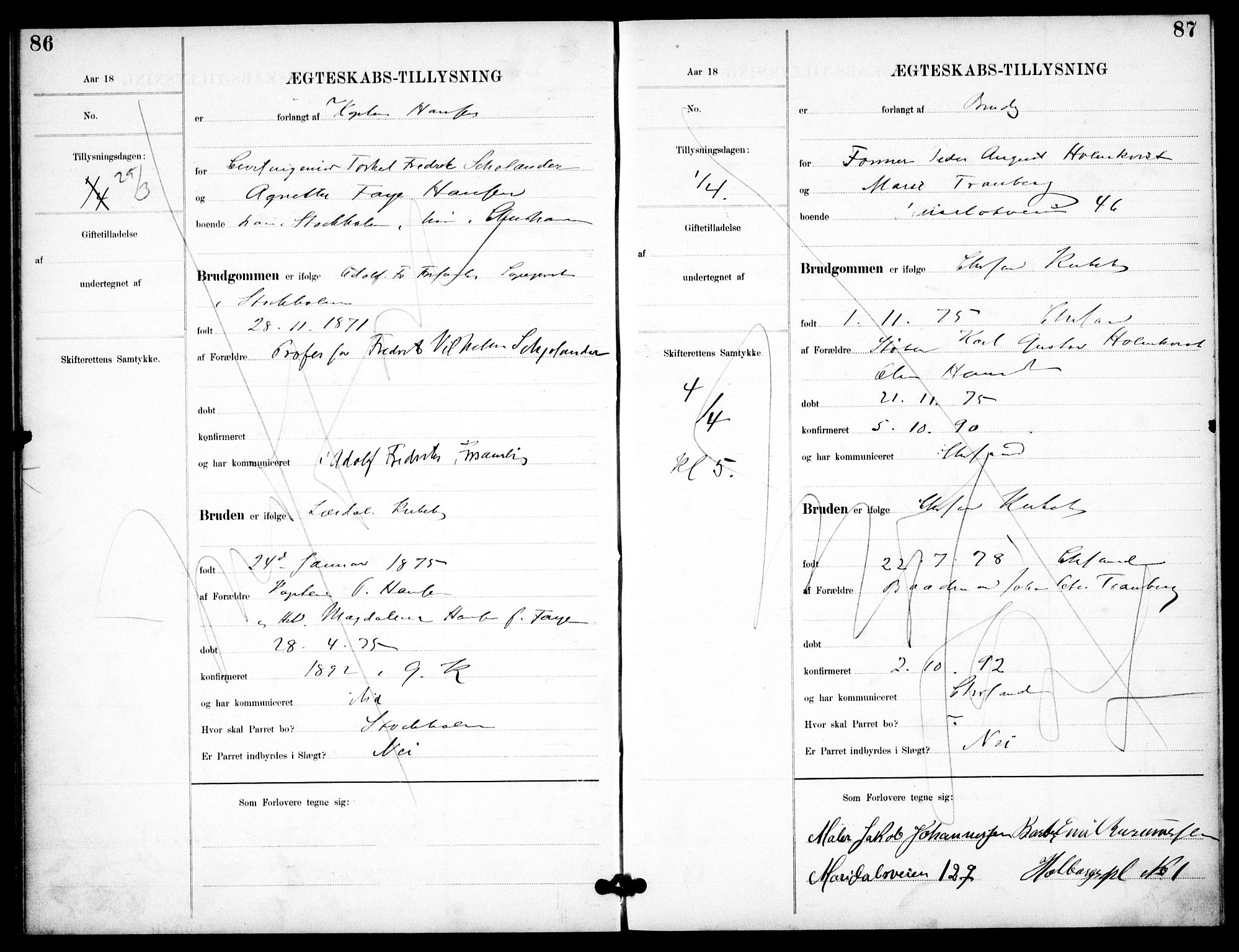Garnisonsmenigheten Kirkebøker, SAO/A-10846/H/Ha/L0008: Lysningsprotokoll nr. I 8, 1894-1908, s. 86-87
