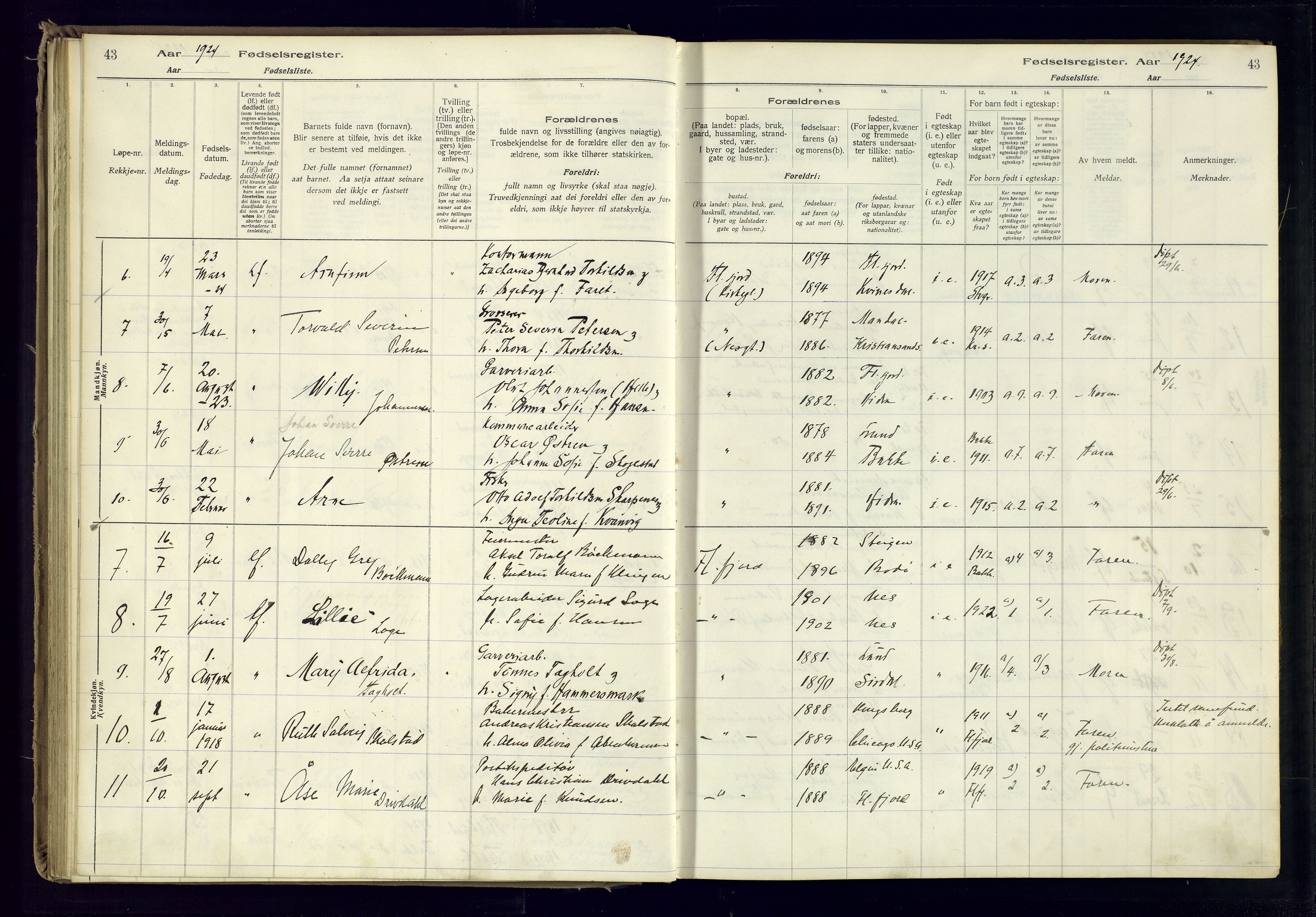 Flekkefjord sokneprestkontor, AV/SAK-1111-0012/J/Ja/L0001: Fødselsregister nr. 1, 1916-1948, s. 43