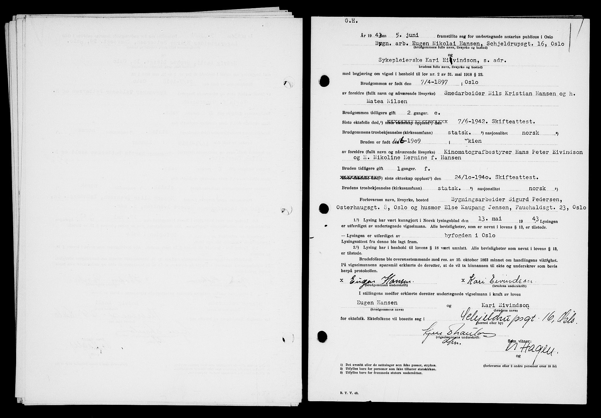 Oslo byfogd avd. I, AV/SAO-A-10220/L/Lb/Lbb/L0045: Notarialprotokoll, rekke II: Vigsler, 1943