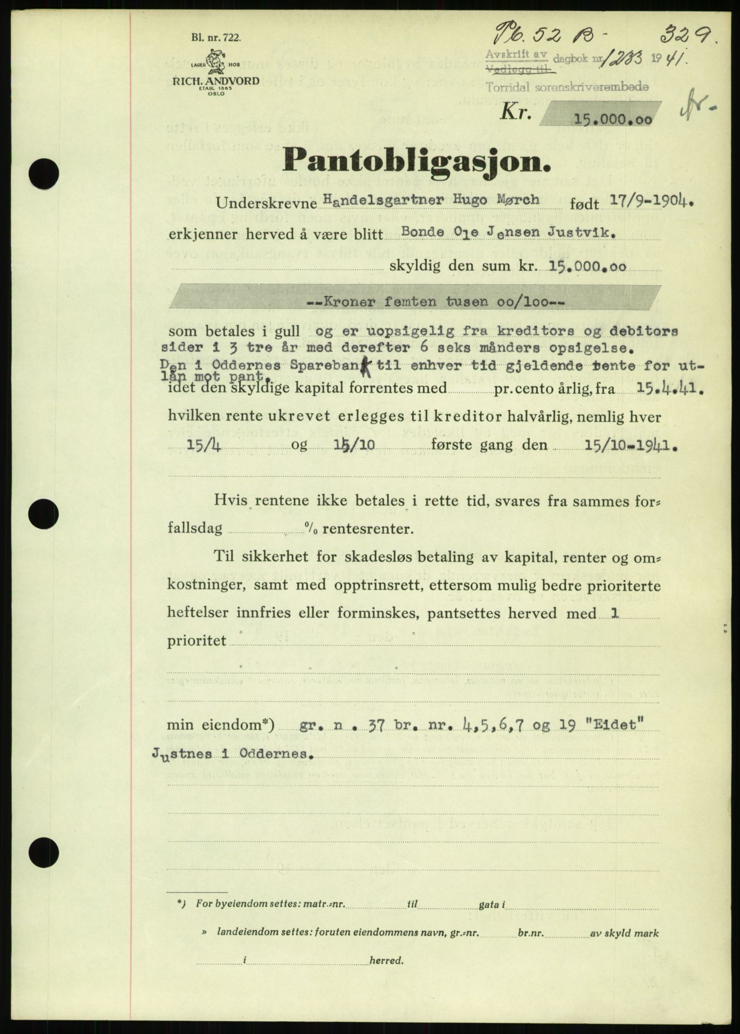 Torridal sorenskriveri, SAK/1221-0012/G/Gb/Gbb/L0008: Pantebok nr. 52b, 1940-1942, Dagboknr: 1233/1941