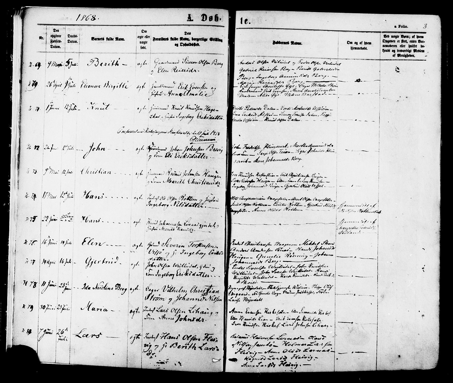 Ministerialprotokoller, klokkerbøker og fødselsregistre - Sør-Trøndelag, SAT/A-1456/630/L0495: Ministerialbok nr. 630A08, 1868-1878, s. 3