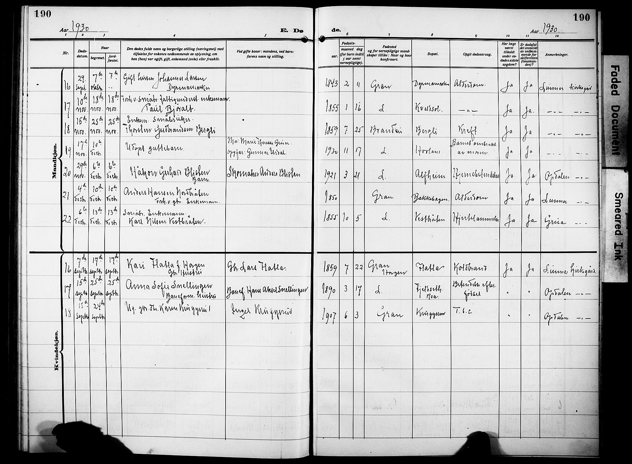 Lunner prestekontor, SAH/PREST-118/H/Ha/Hab/L0002: Klokkerbok nr. 2, 1923-1933, s. 190