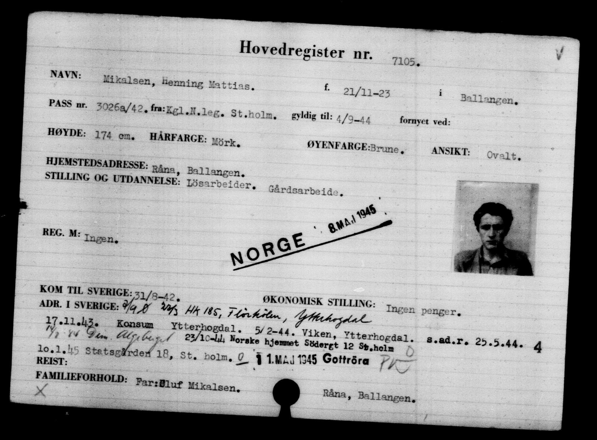 Utenriksstasjonene, Legasjonen i Stockholm, Flyktningkontoret, AV/RA-S-6753/V/Va/L0005: Kjesäterkartoteket, flyktninger med registreringsnr. 6600-9417, 1940-1945, s. 609