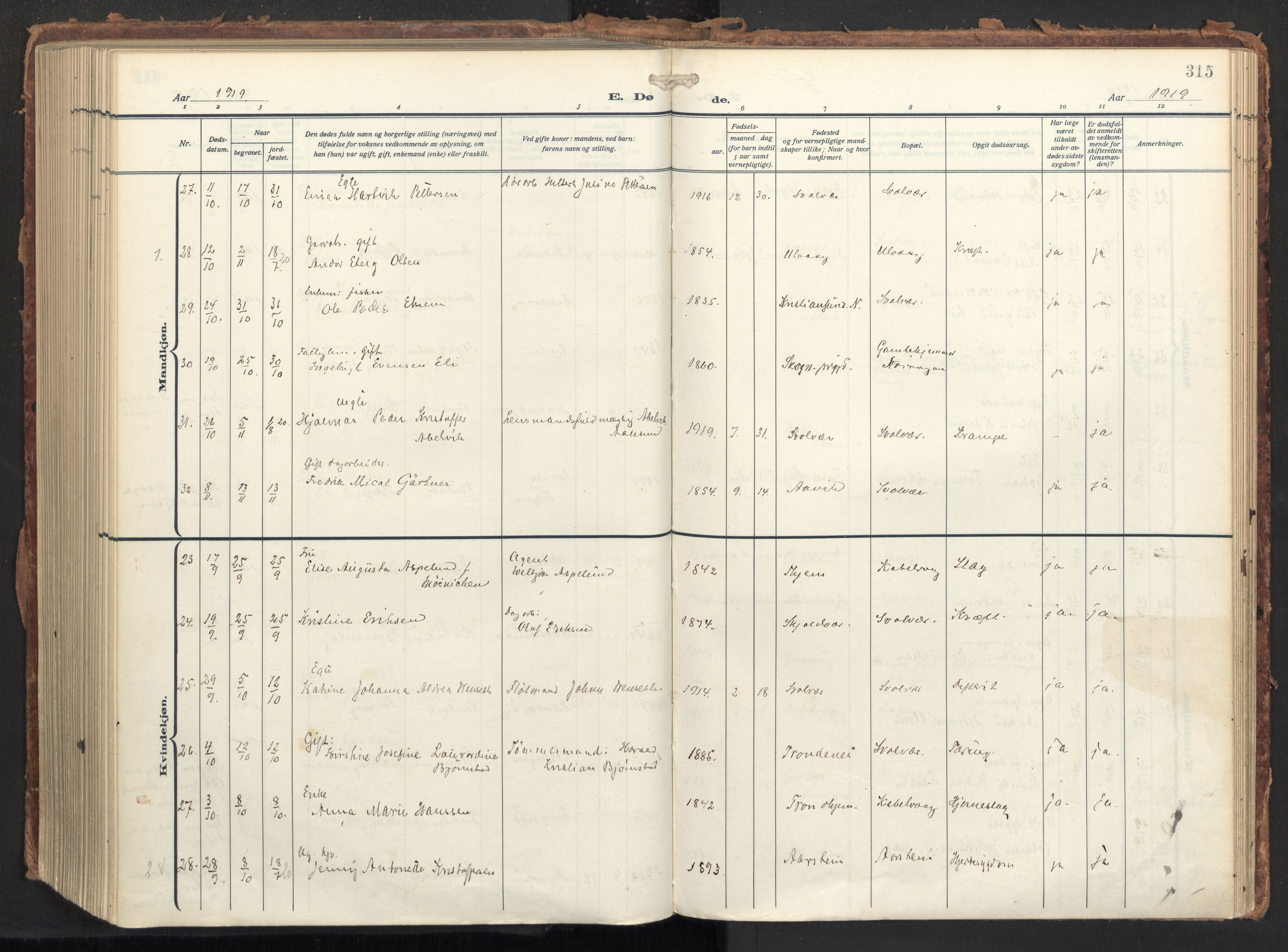 Ministerialprotokoller, klokkerbøker og fødselsregistre - Nordland, SAT/A-1459/874/L1064: Ministerialbok nr. 874A08, 1915-1926, s. 315