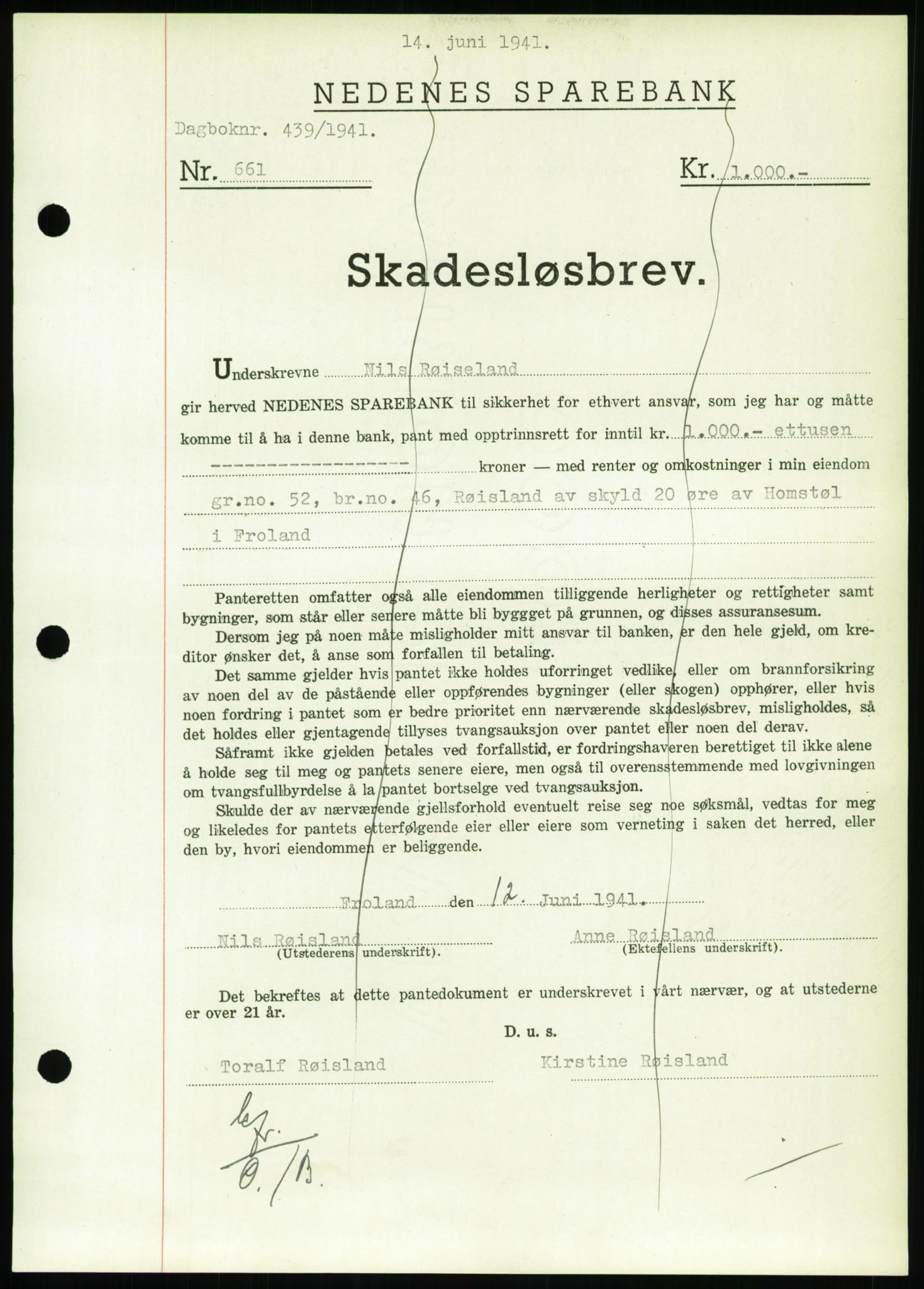 Nedenes sorenskriveri, SAK/1221-0006/G/Gb/Gbb/L0001: Pantebok nr. I, 1939-1942, Dagboknr: 439/1941