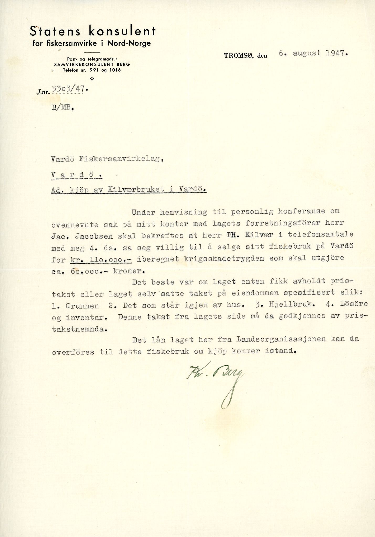 Vardø Fiskersamvirkelag, VAMU/A-0037/D/Da/L0004: Korrespondanse Ko-Ma, 1945-1950