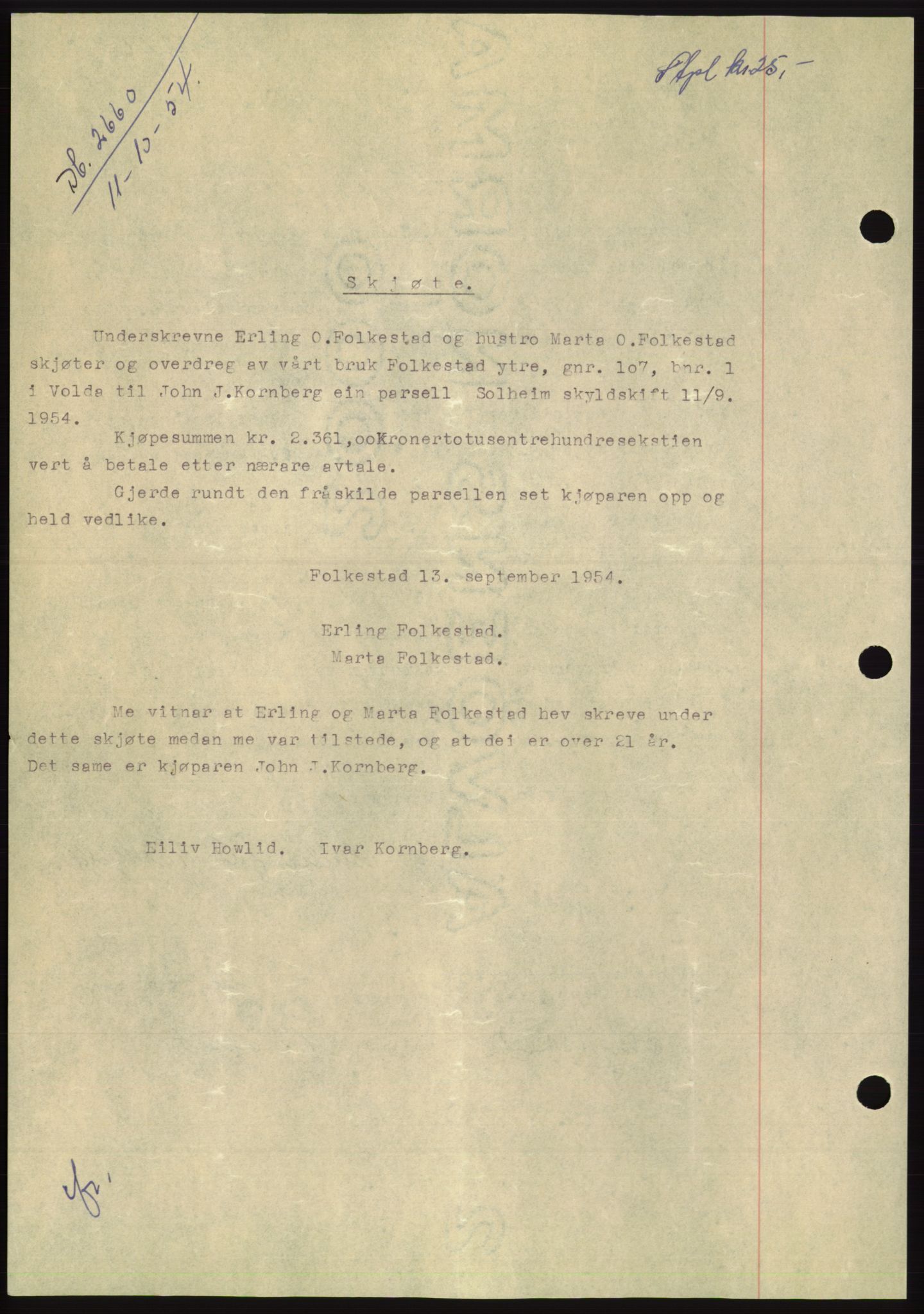 Søre Sunnmøre sorenskriveri, AV/SAT-A-4122/1/2/2C/L0099: Pantebok nr. 25A, 1954-1954, Dagboknr: 2660/1954